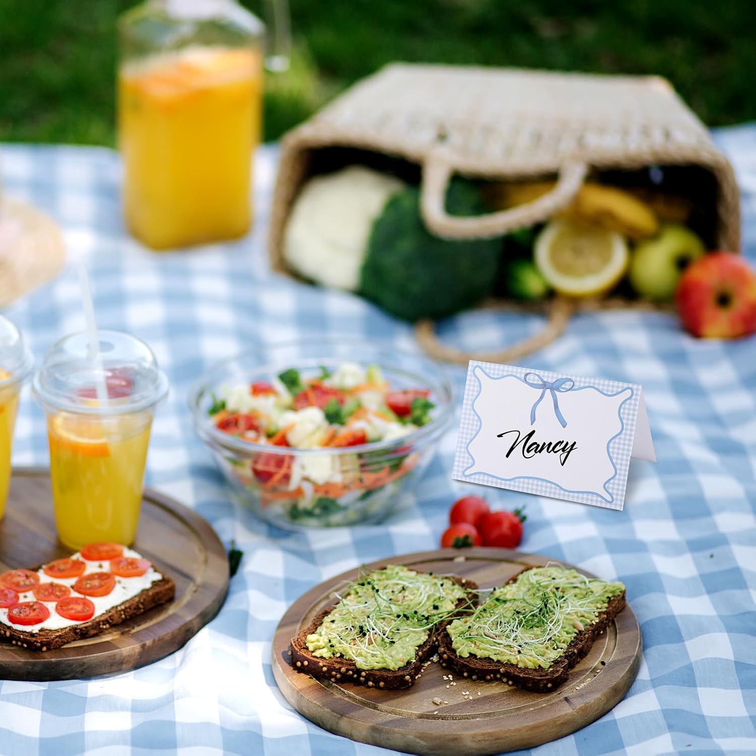 Maitys 24 Pcs Blue Gingham Place Cards for Picnic Party