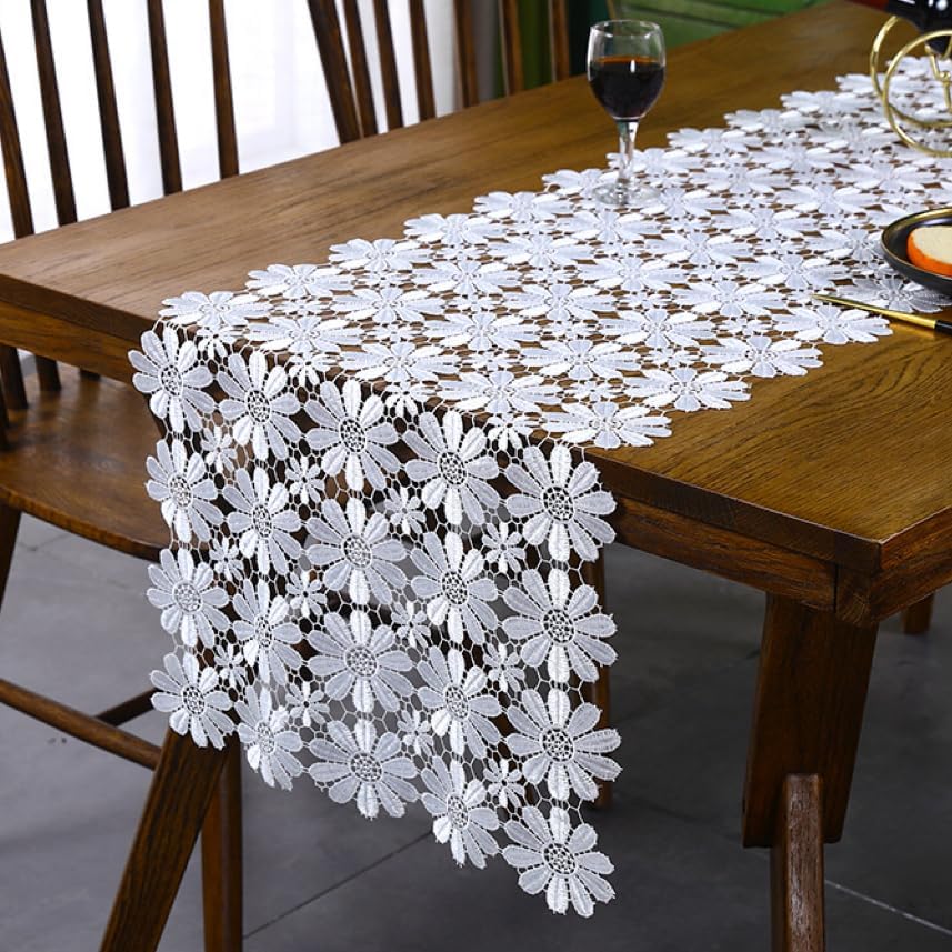 White Flower Lace Table Runner for Home Kitchen Wedding Banquet