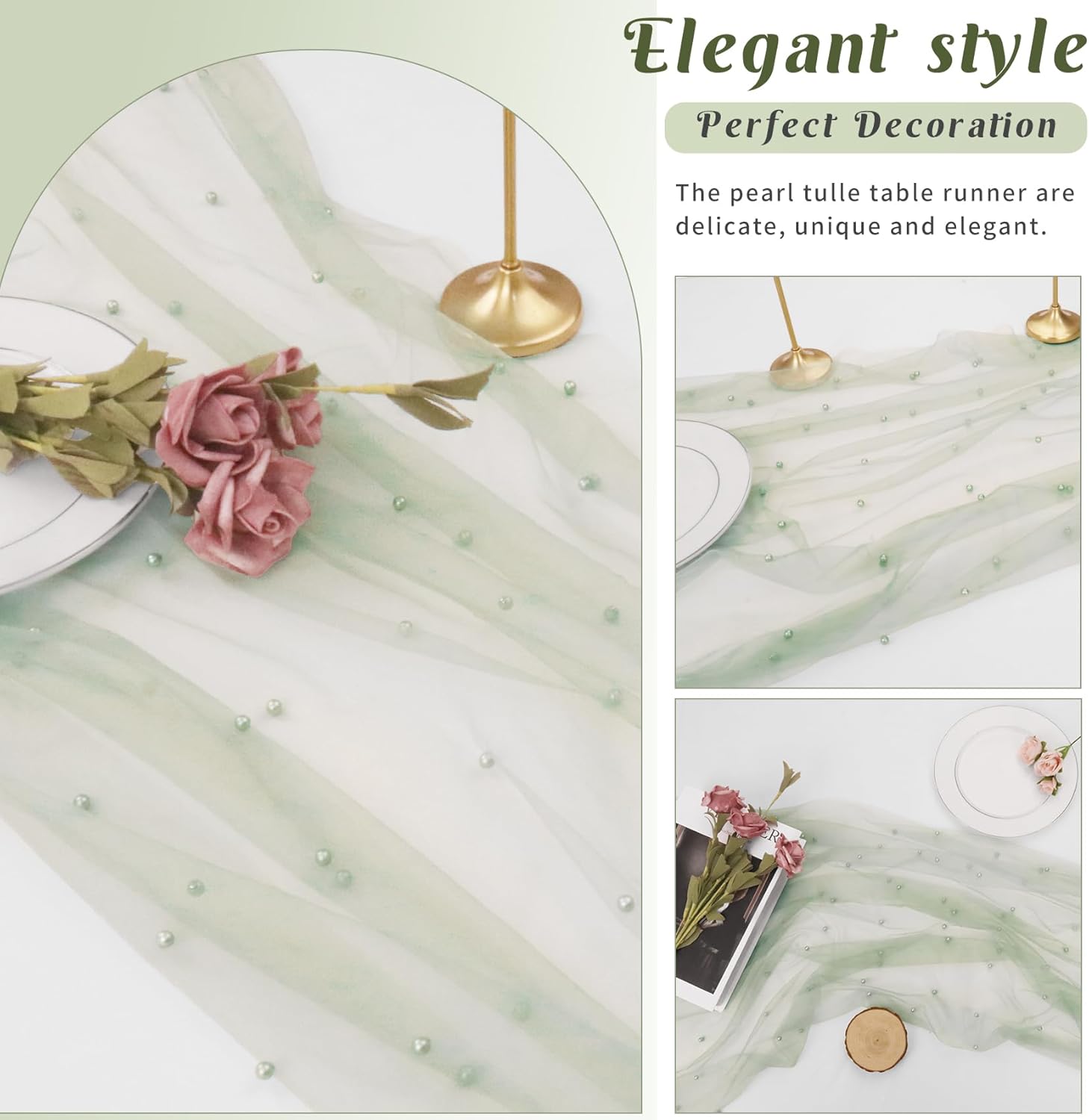 6 Piece Pearl Tulle Table Runner Set Sage Green