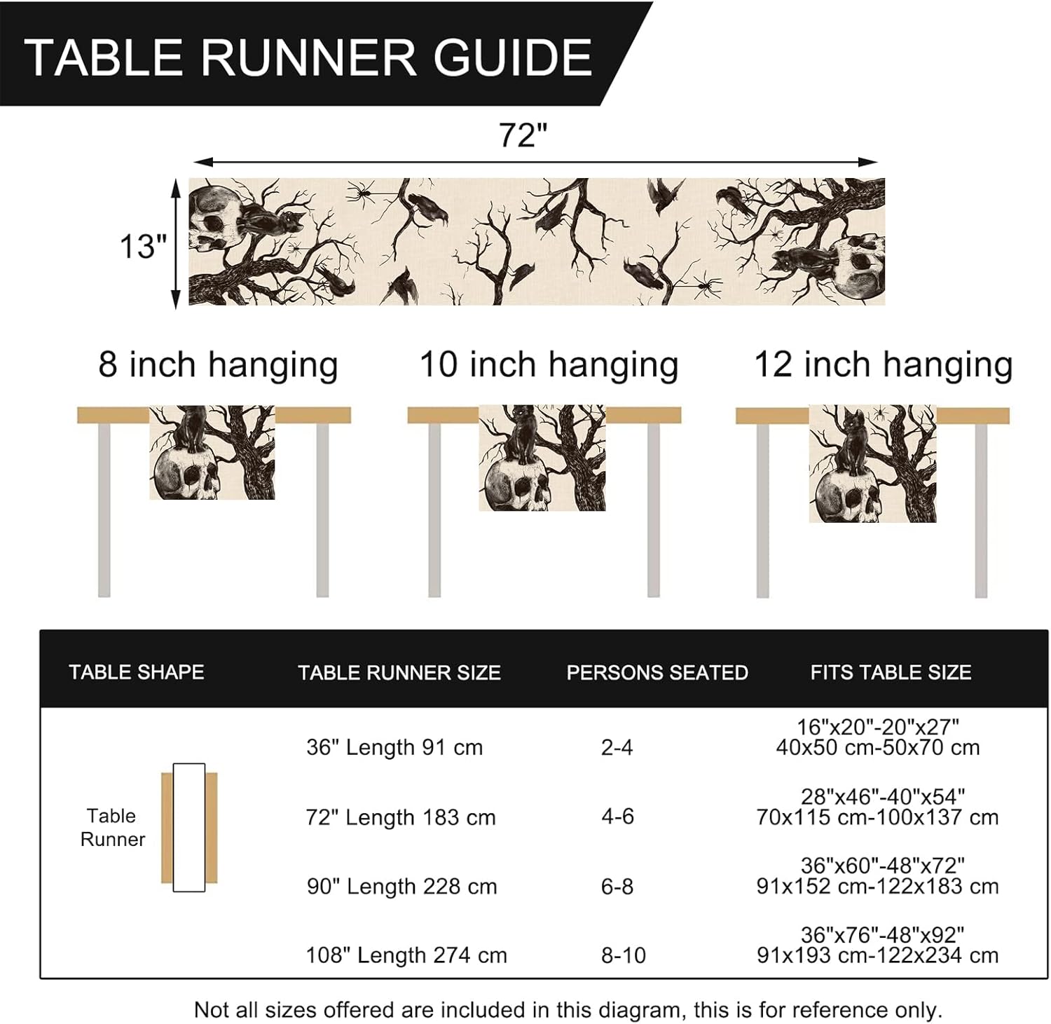 Seliem Halloween Gothic Skull Black Cat Table Runner 13x72 Inches