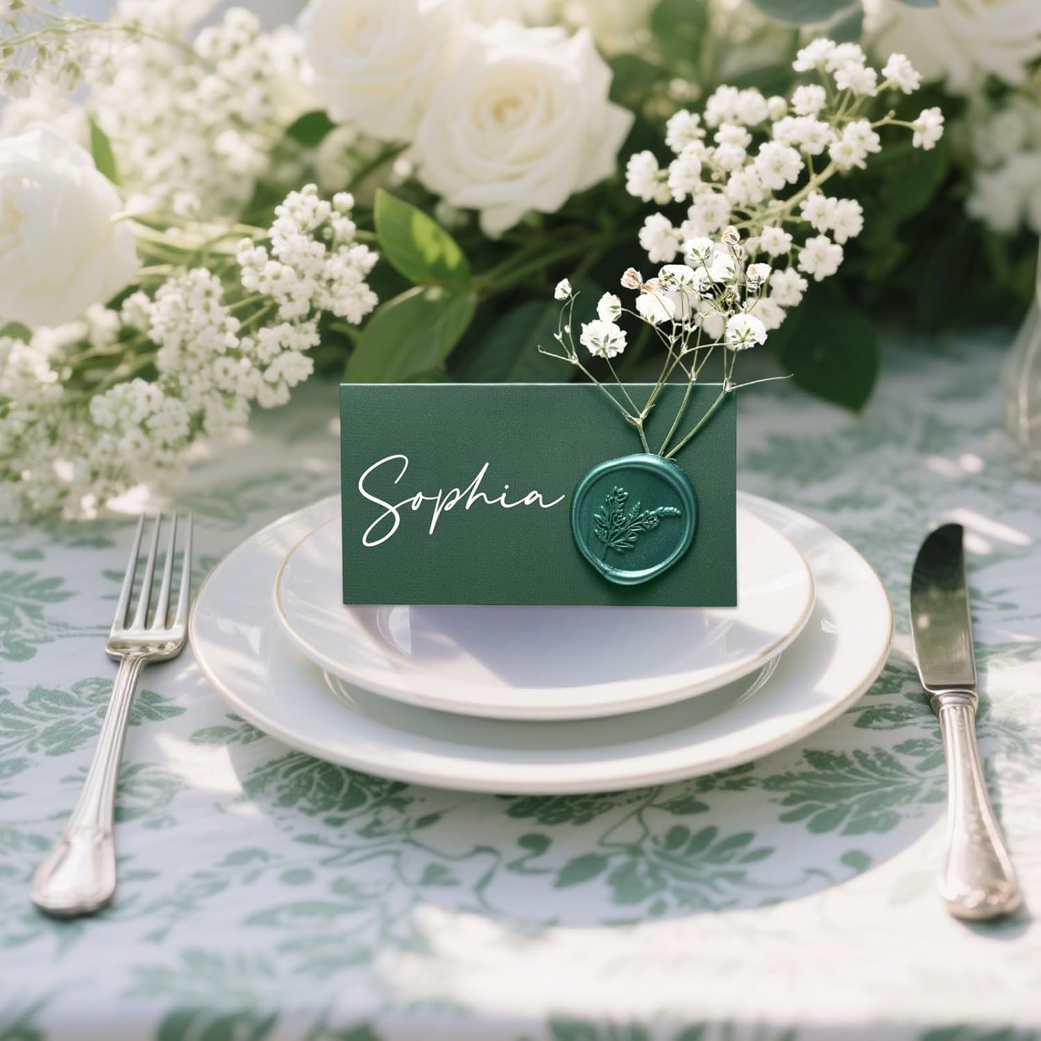 50 Pack Forest Green Wax Seal Place Cards with Babys Breath Flowers