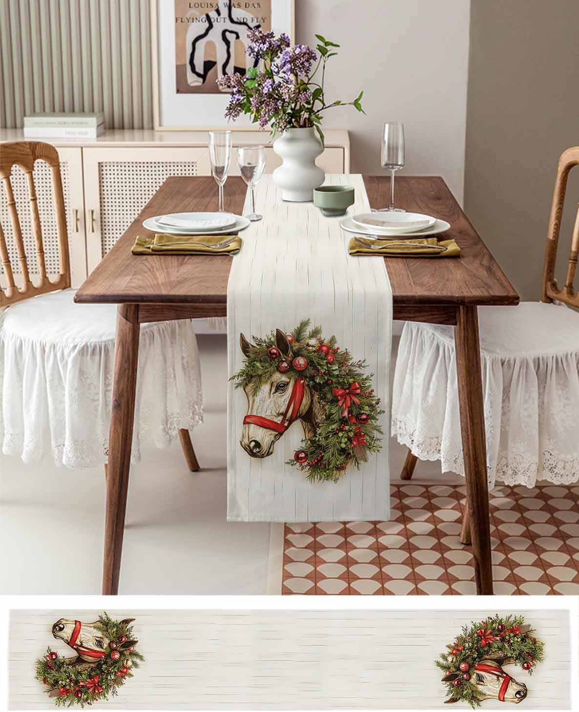 Merry Christmas Horse Garland Linen Table Runner