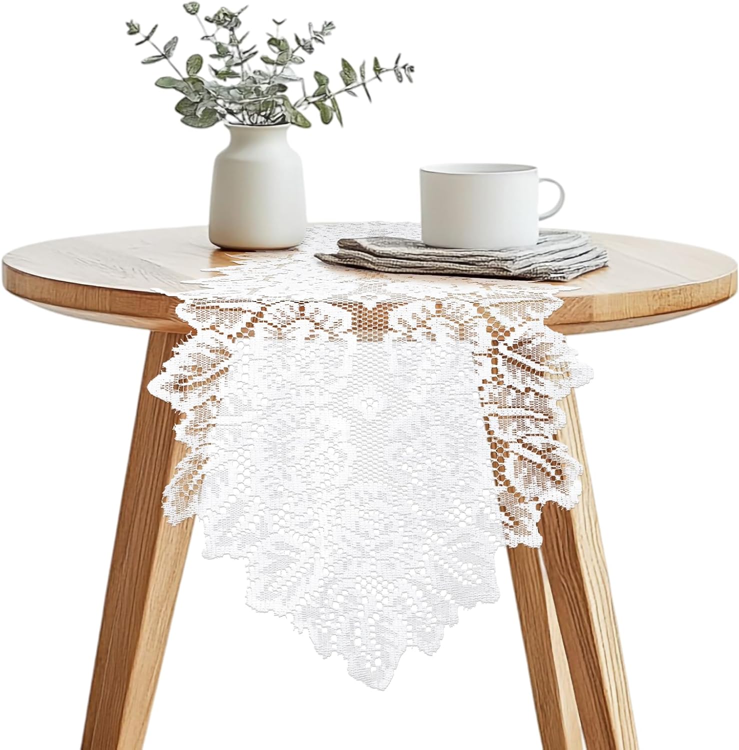 White Boho Table Runner with Lace Design