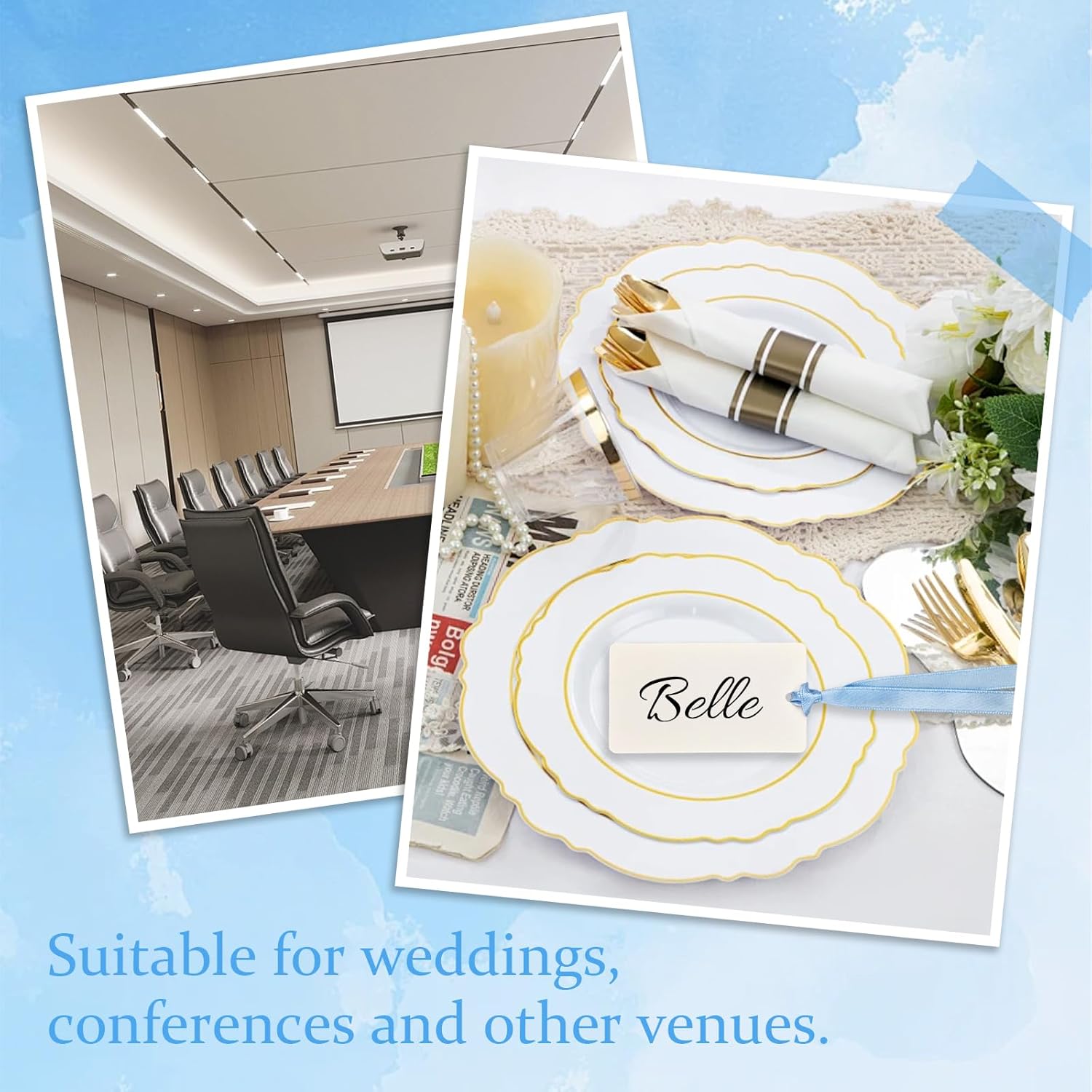 50 Pcs Blank Name Place Cards with Satin Ribbon Blue