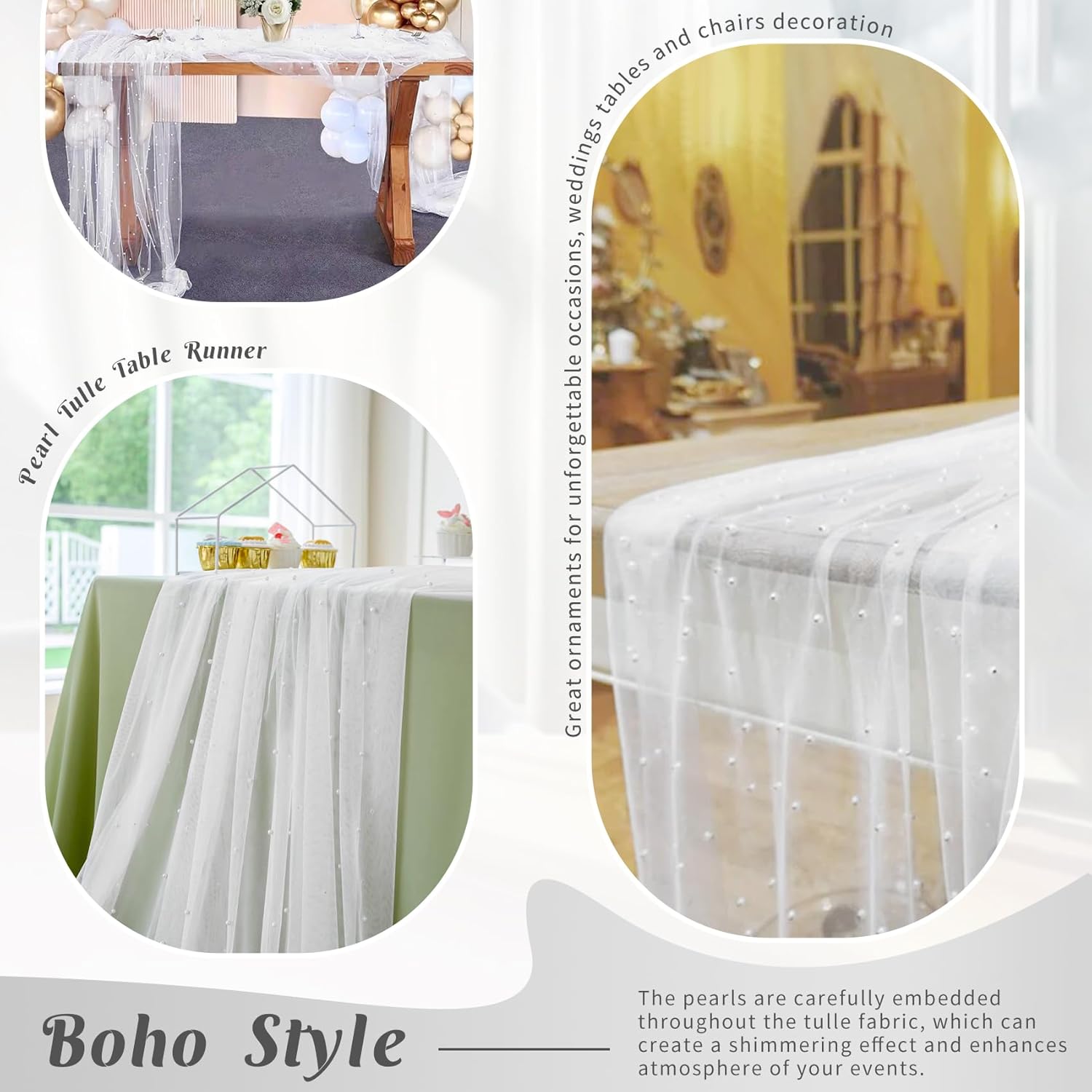 Set of 6 Pearl Tulle Table Runners 29x120 Inch White