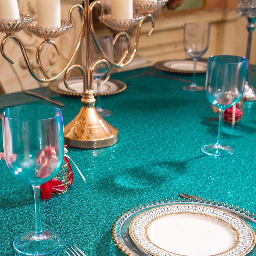 Eternal Beauty Teal Sequin Tablecloth 72x108 inch Sparkly Overlay