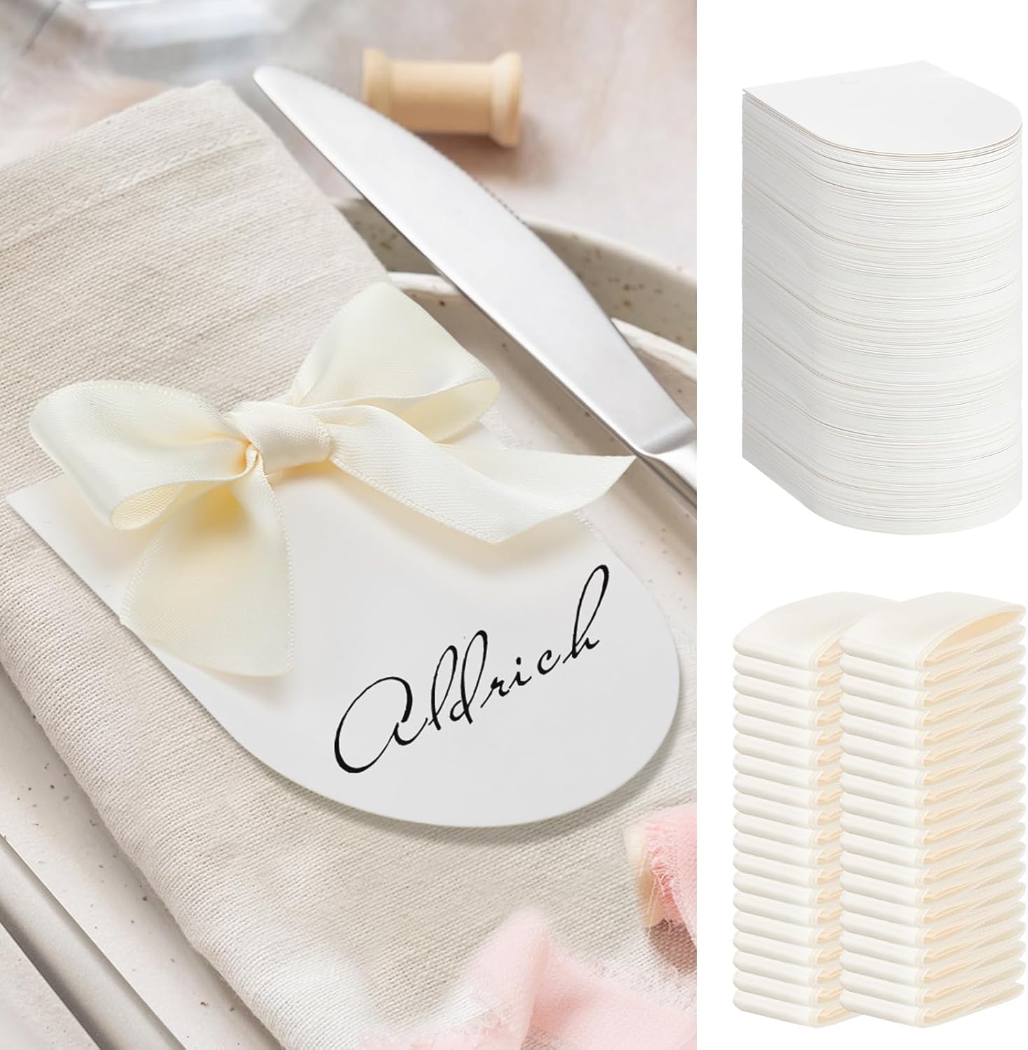 100 Pack Ivory White Wedding Place Cards with Bow Ribbon Arch Design