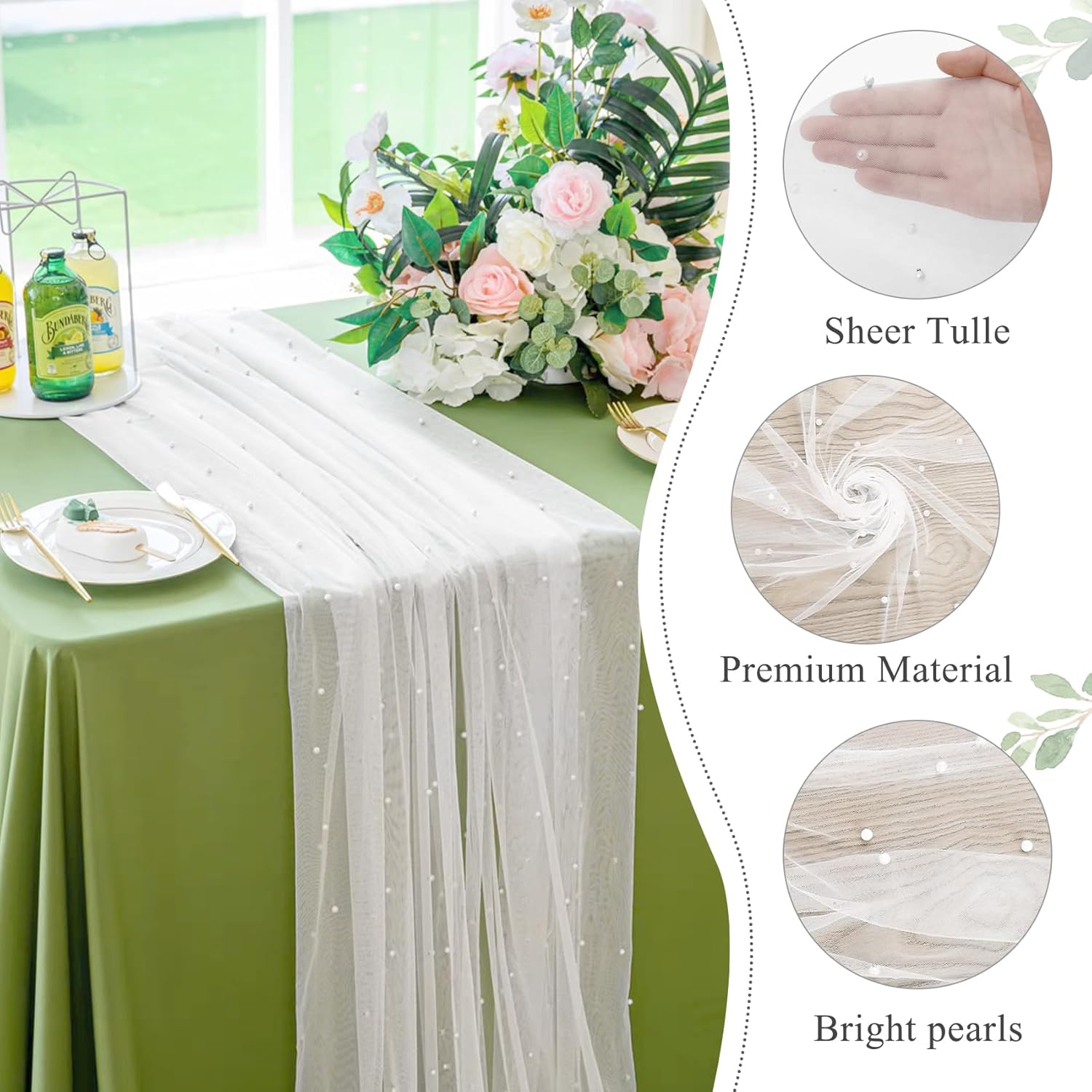 Set of 6 Pearl Tulle Table Runners 29x120 Inch White