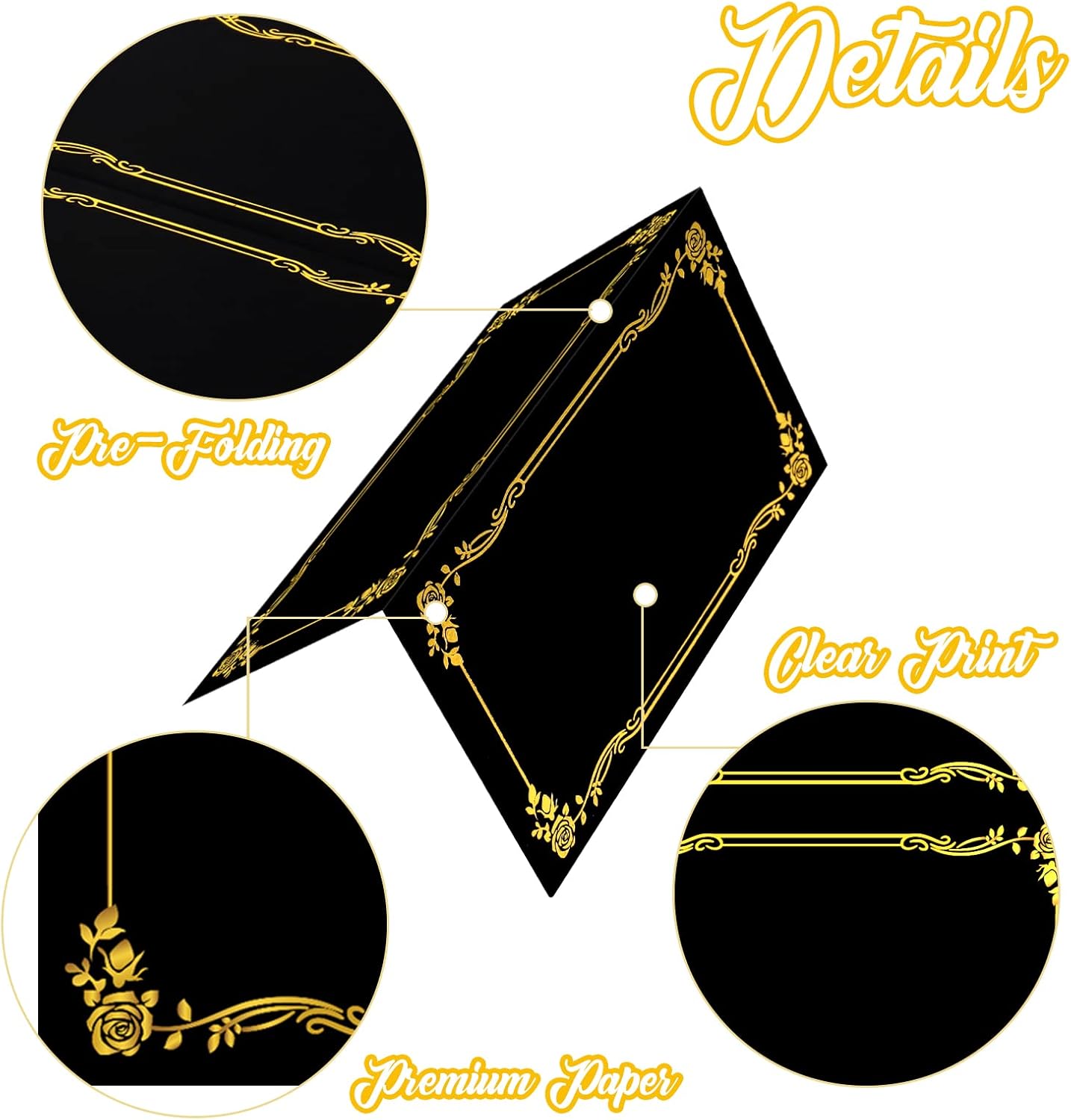 100 Pcs Black Place Cards with Gold Pen for Weddings