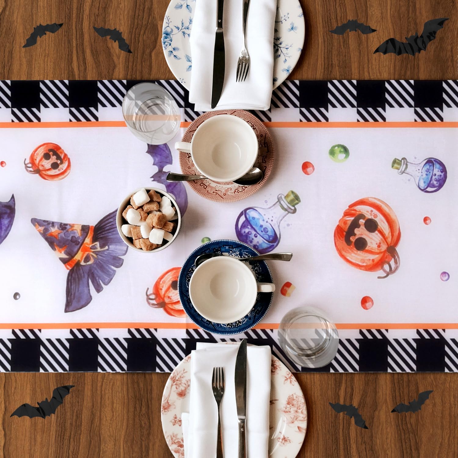 Pumpkin Witch Cat Halloween Table Runner 72x1386 Inch