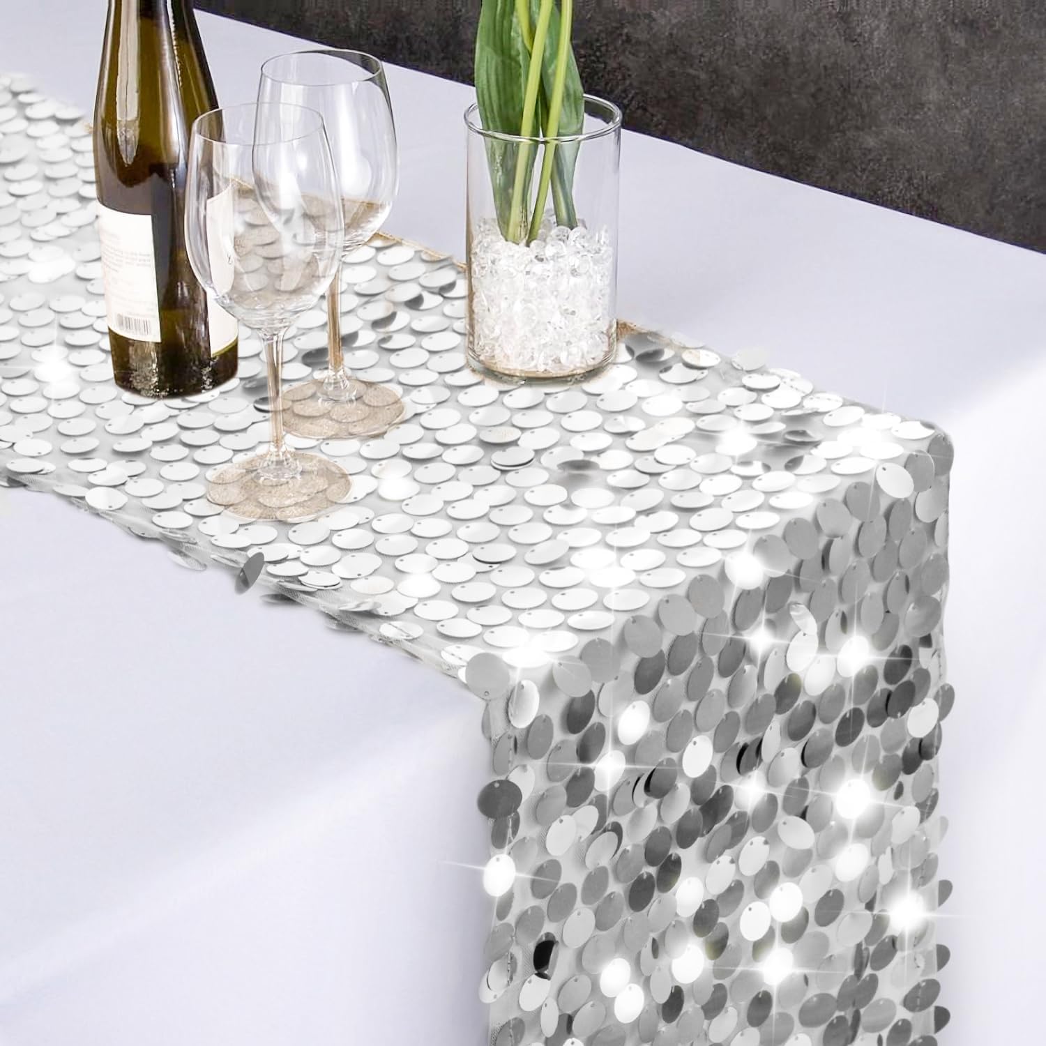 Pufogu 12 x 108 Inch Silver Glitter Table Runner