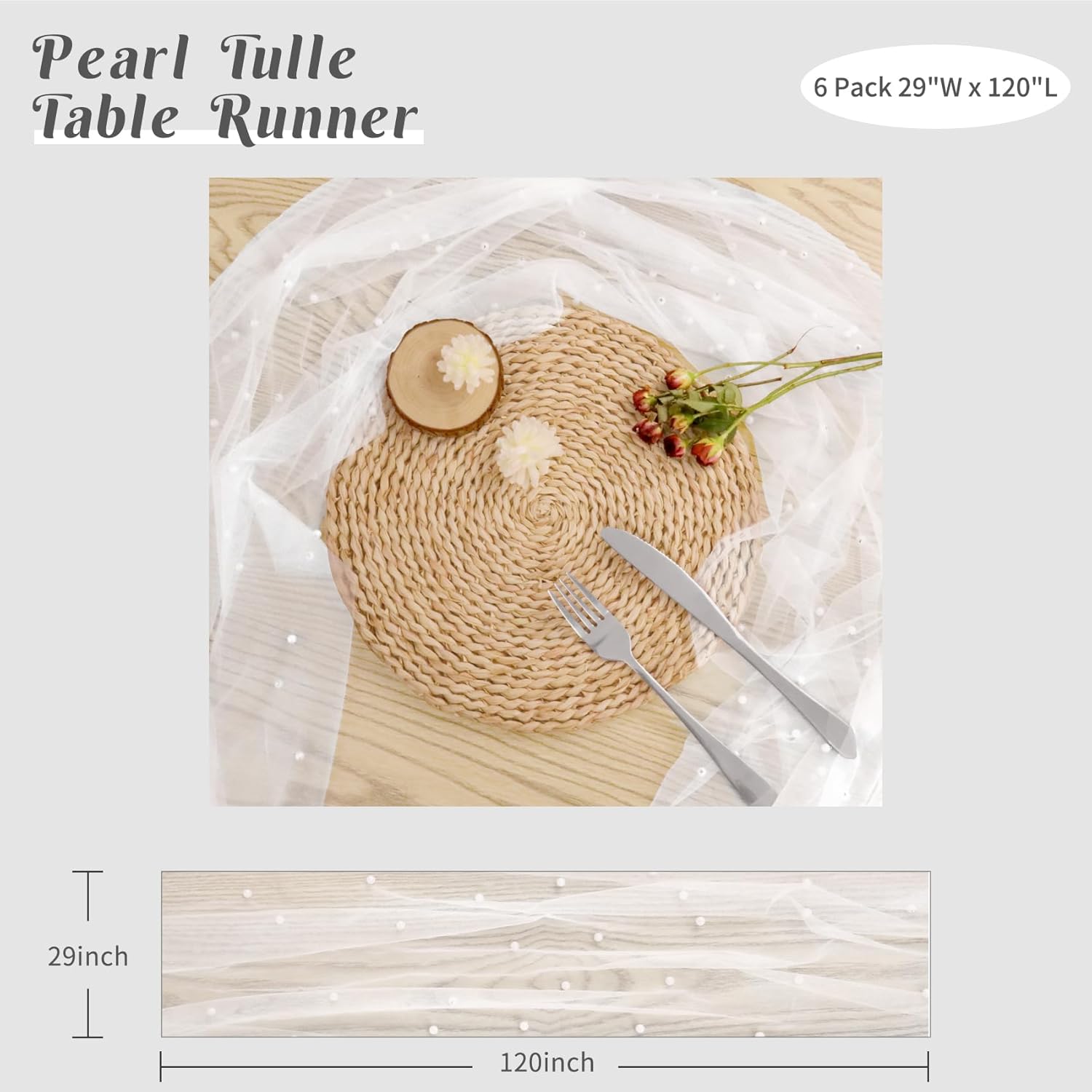 Set of 6 Pearl Tulle Table Runners 29x120 Inch White