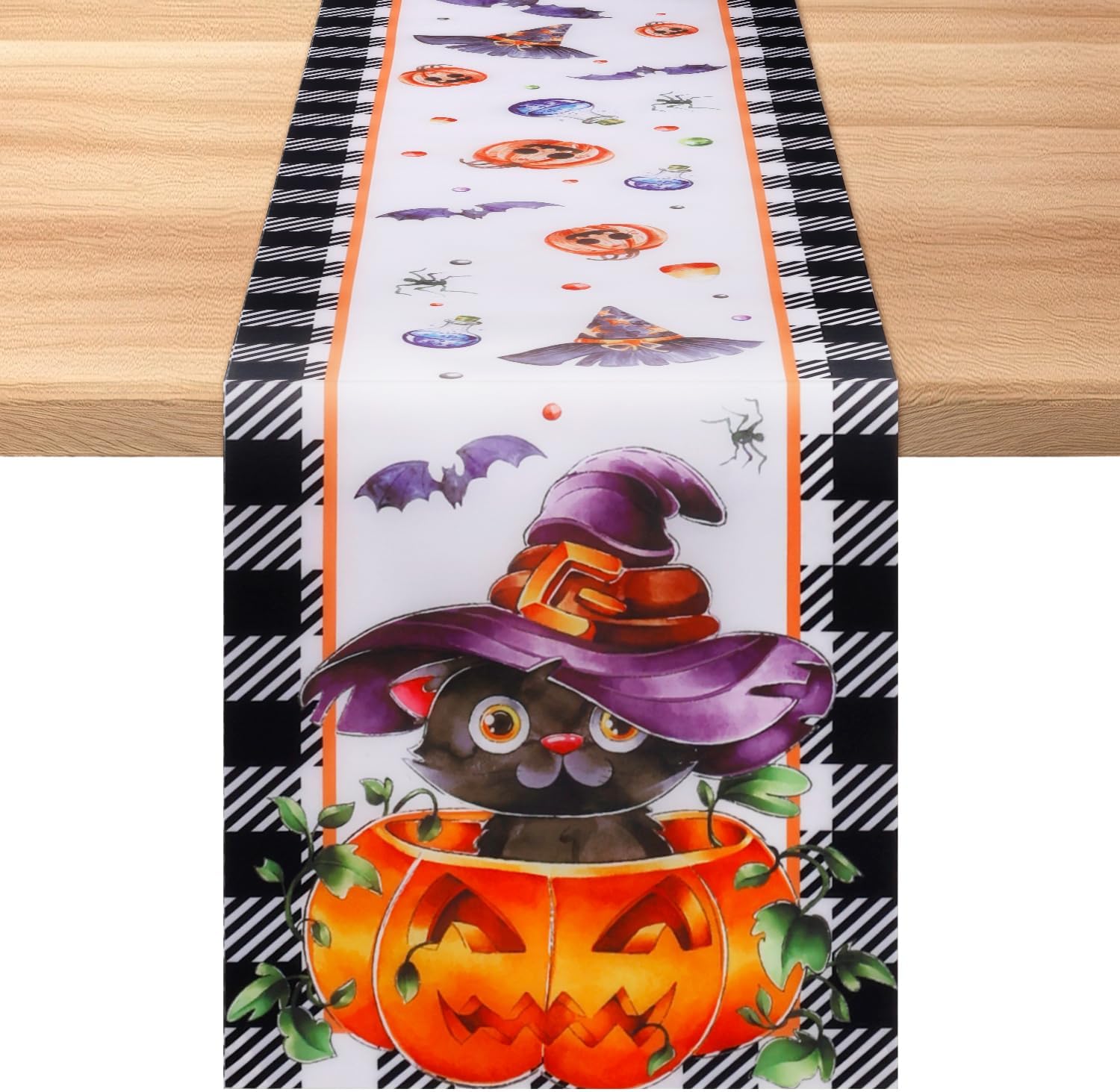 Pumpkin Witch Cat Halloween Table Runner 72x1386 Inch
