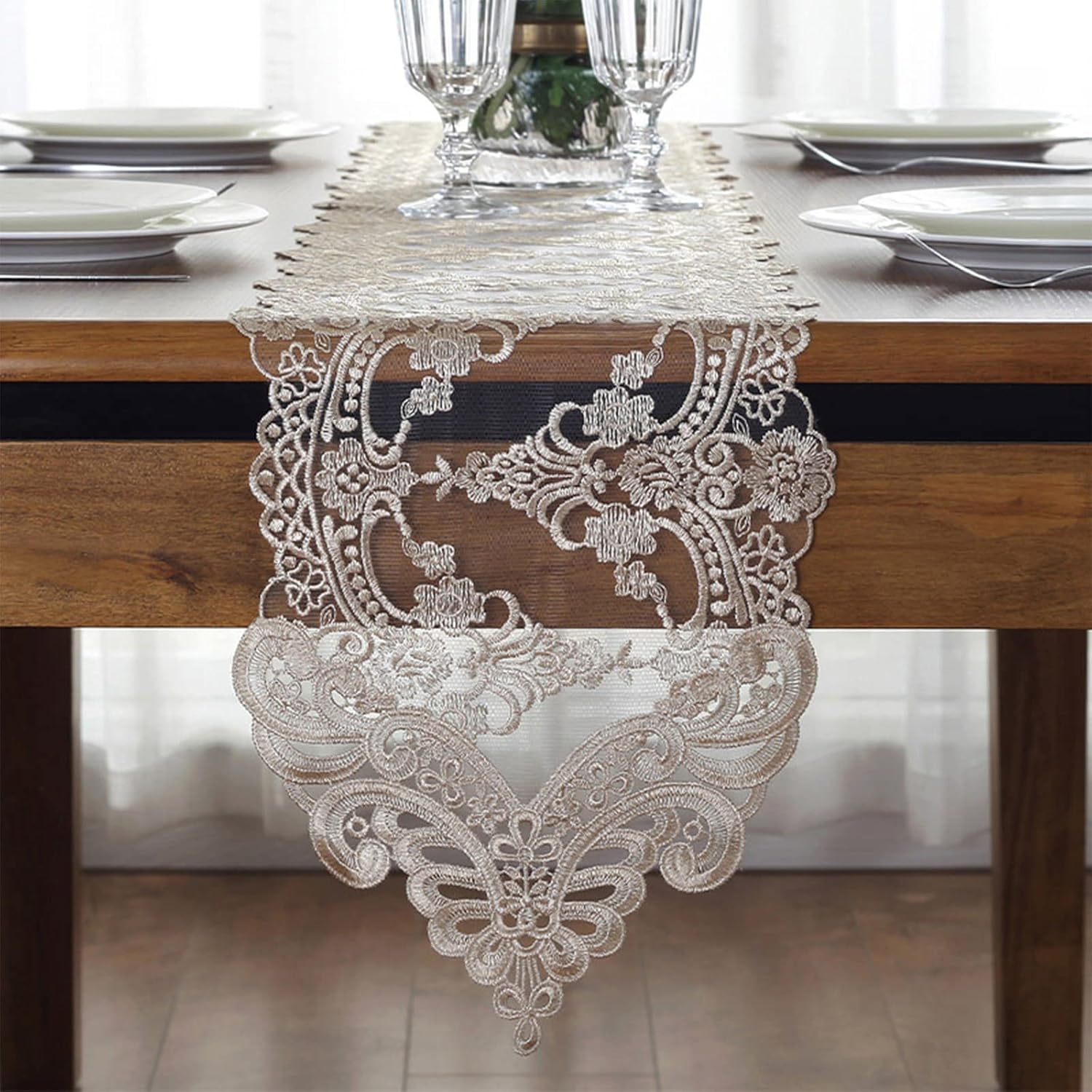 Lace Table Runner with Macrame Floral Border