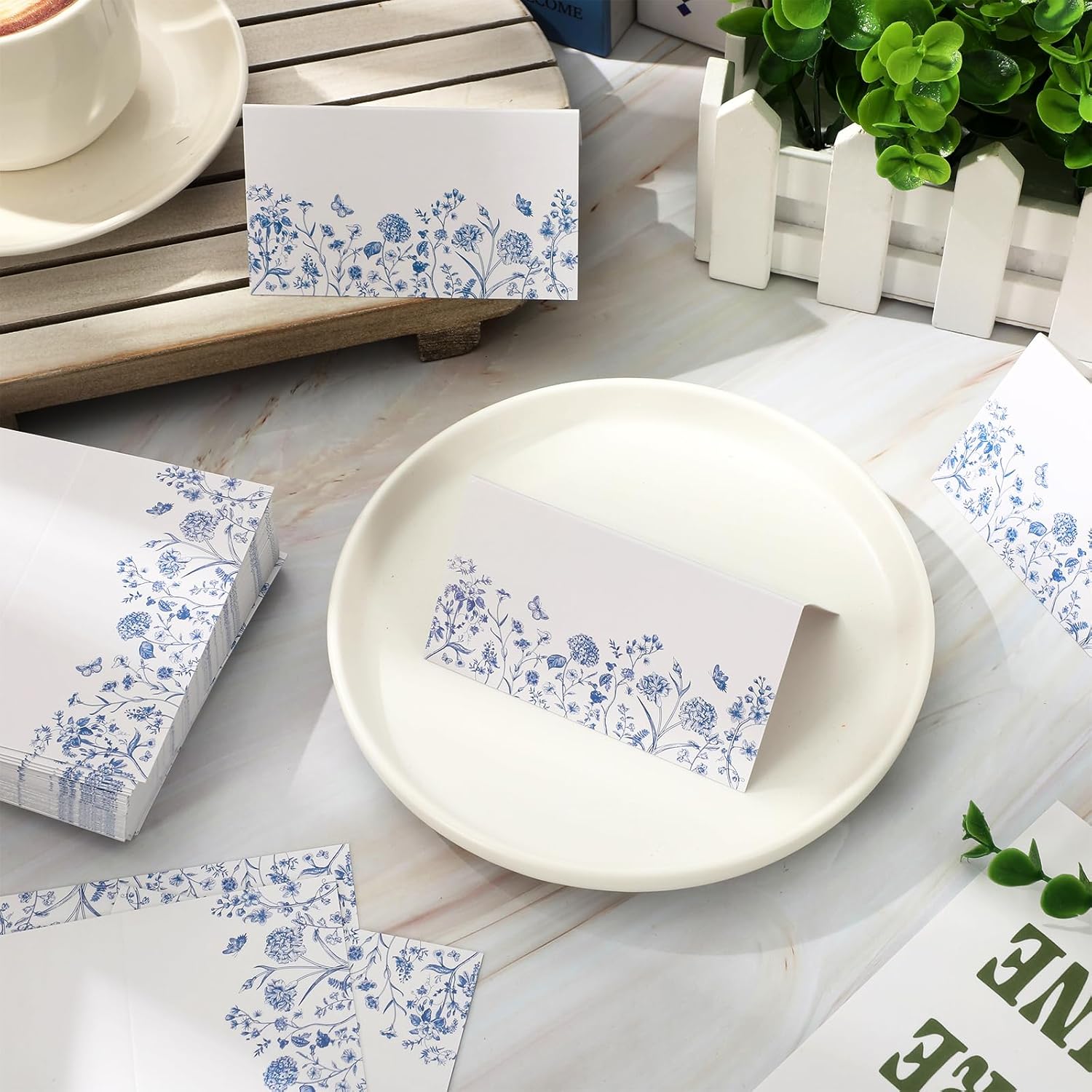 Whaline 100 Pcs Blue Floral Place Cards