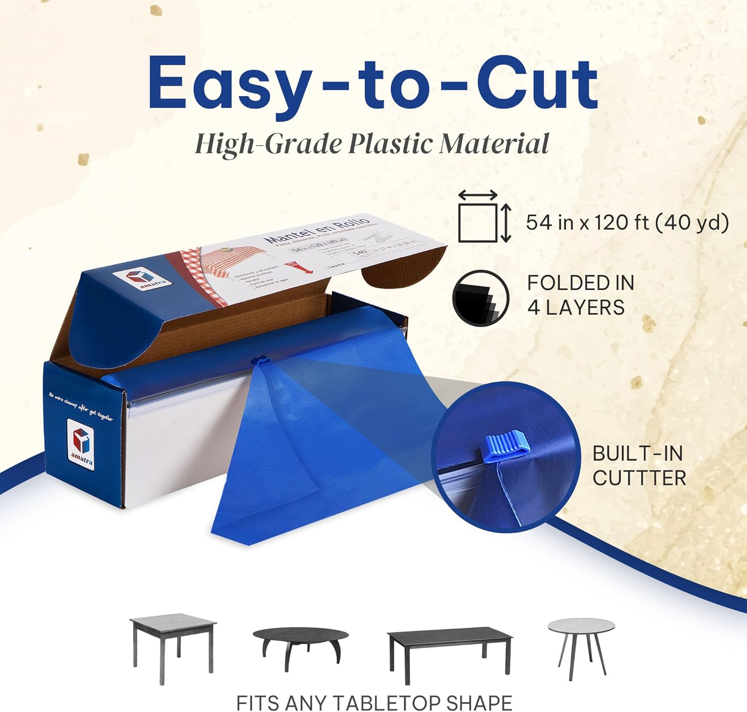 Amatra Plastic Table Cover Roll 54 in x 120 ft Blue Self-Cutter
