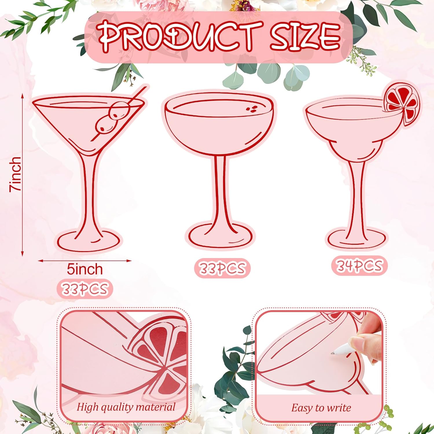 100 Pcs Pink Cocktail Themed Place Cards for Parties