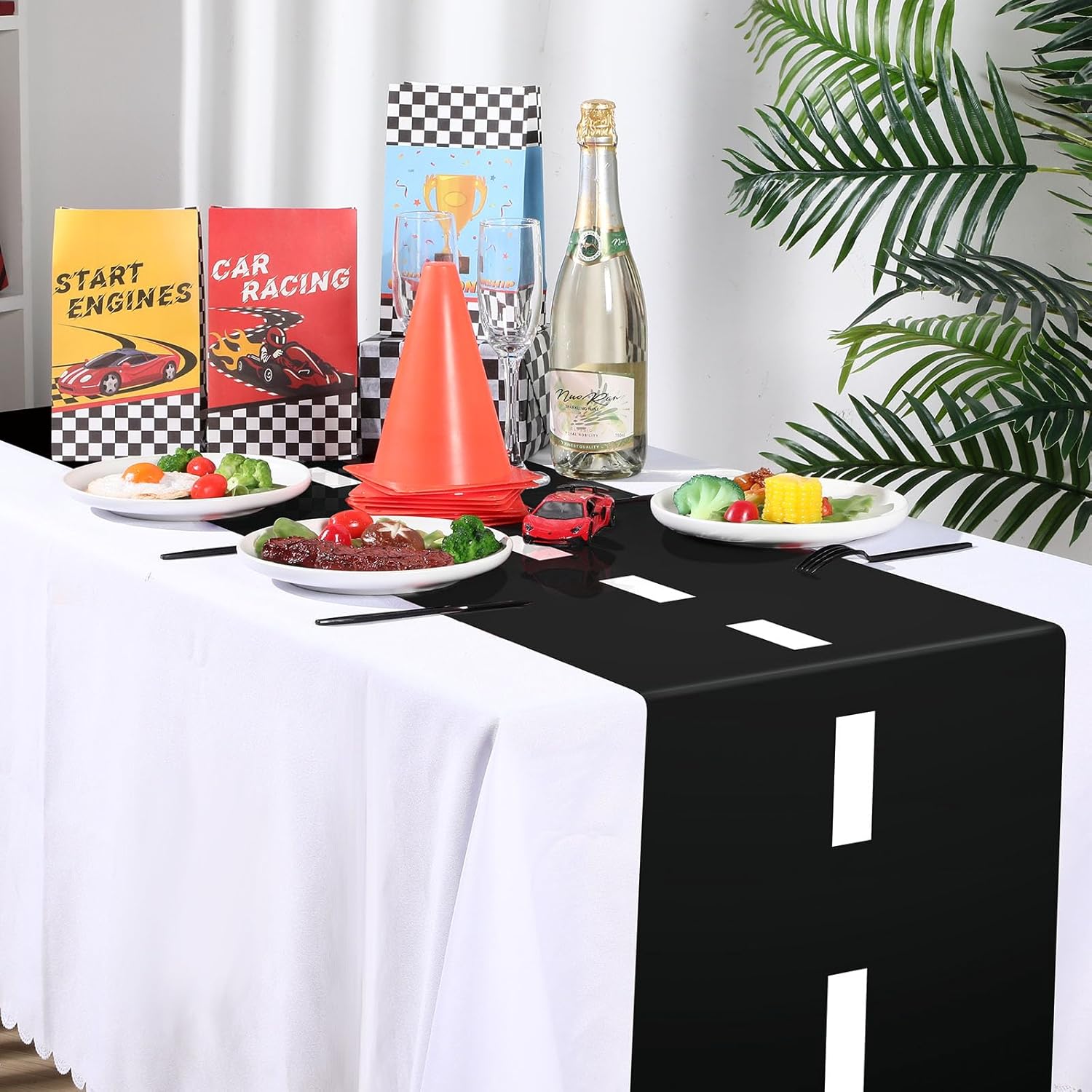 Preboun 12 Pcs Plastic Checkered Table Runner Race Track Theme