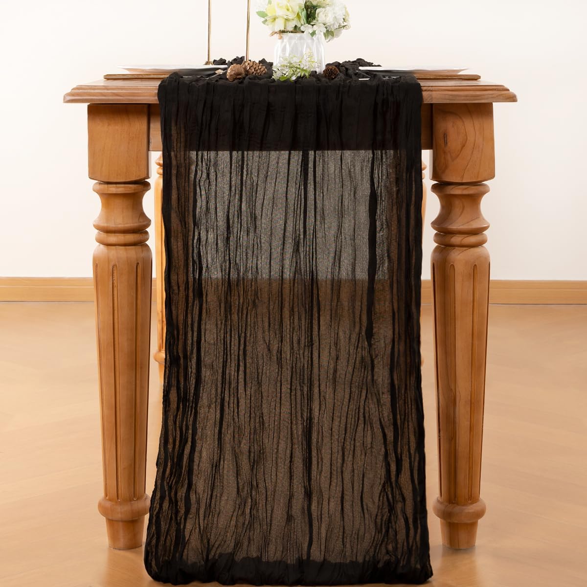 LINXTAR Black Boho Cheesecloth Table Runner 10FT