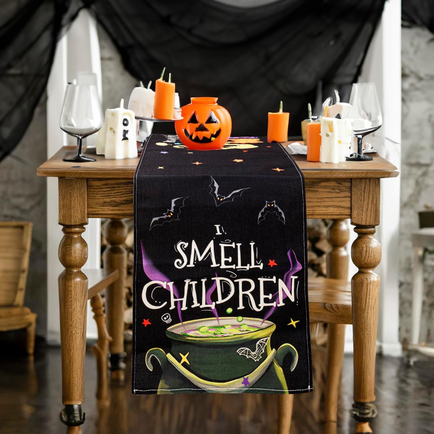 Halloween Table Runner Hocus Pocus Burlap 13x72 Inches