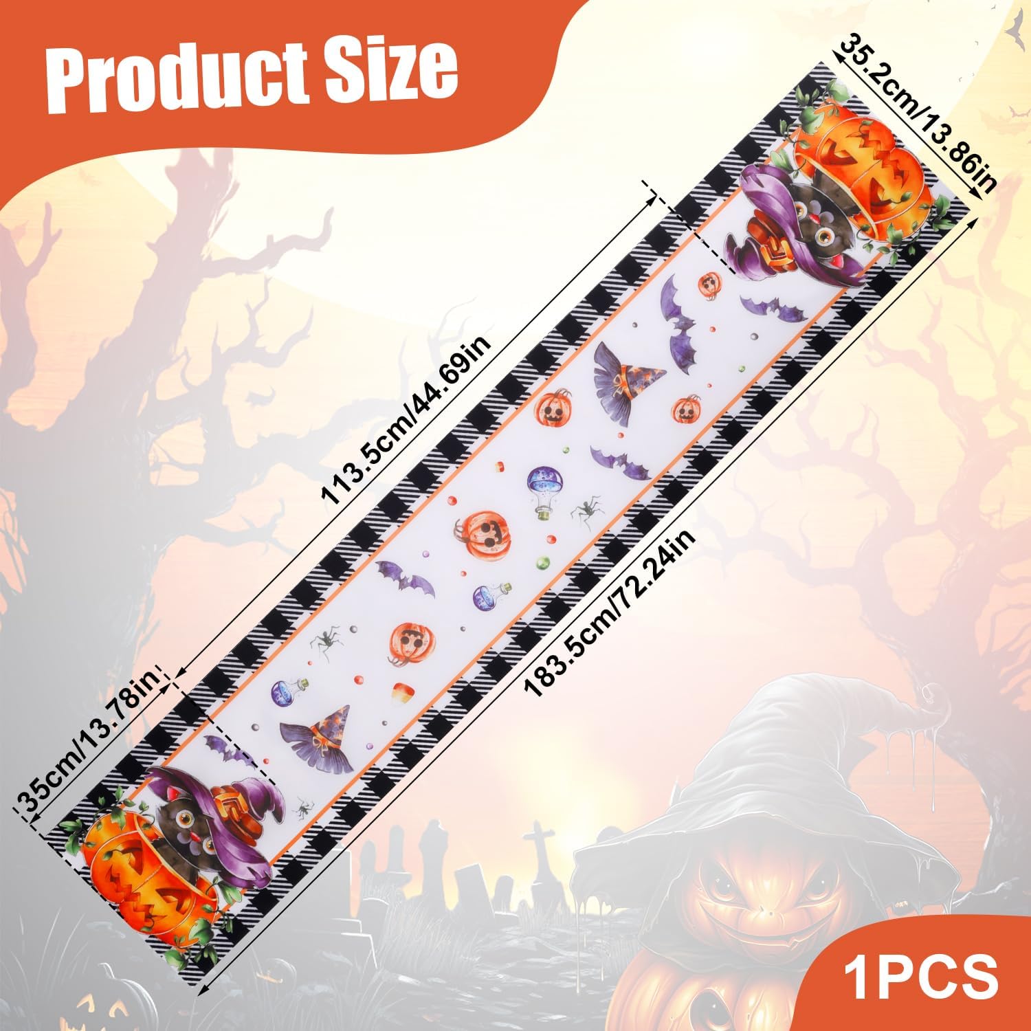 Pumpkin Witch Cat Halloween Table Runner 72x1386 Inch