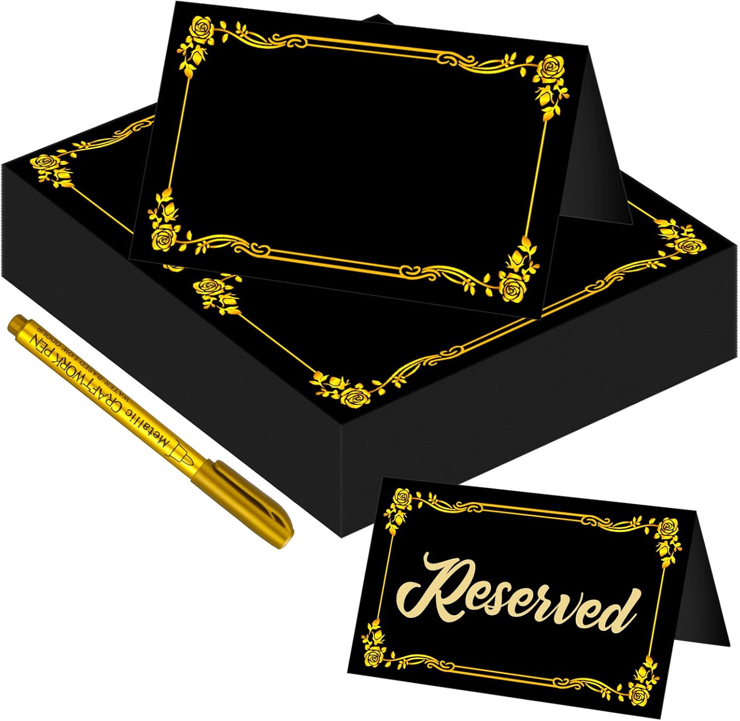 100 Pcs Black Place Cards with Gold Pen for Weddings