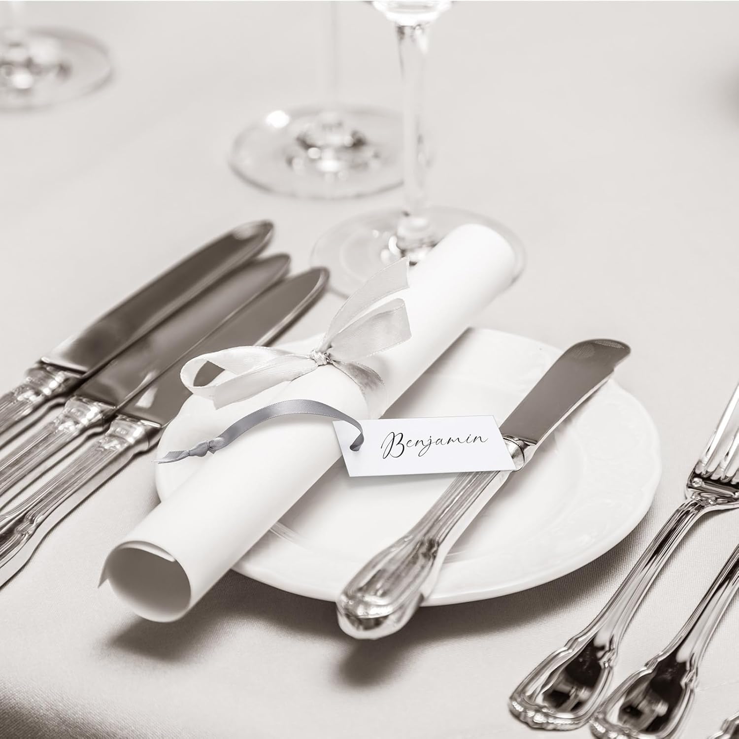 50 Pcs Silver Place Cards with Sateen Ribbon