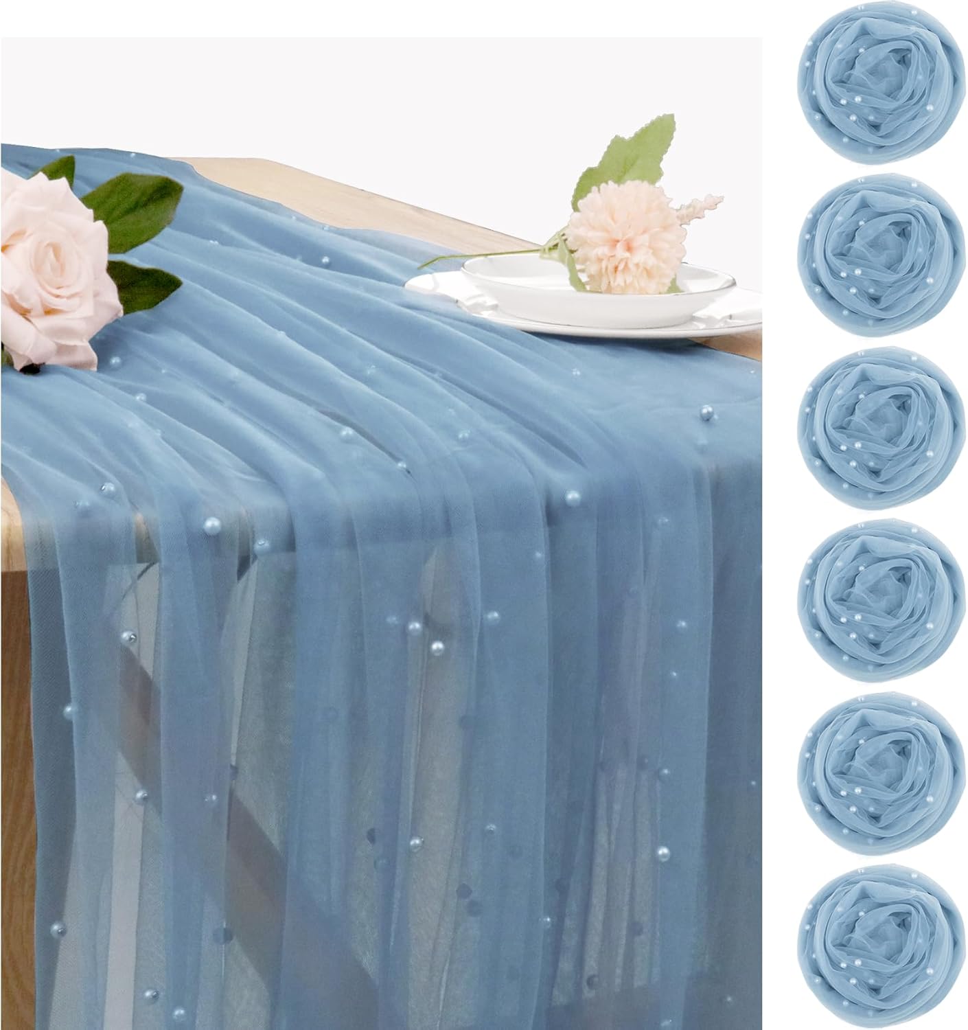 Set of 6 Dusty Blue Pearl Tulle Table Runners
