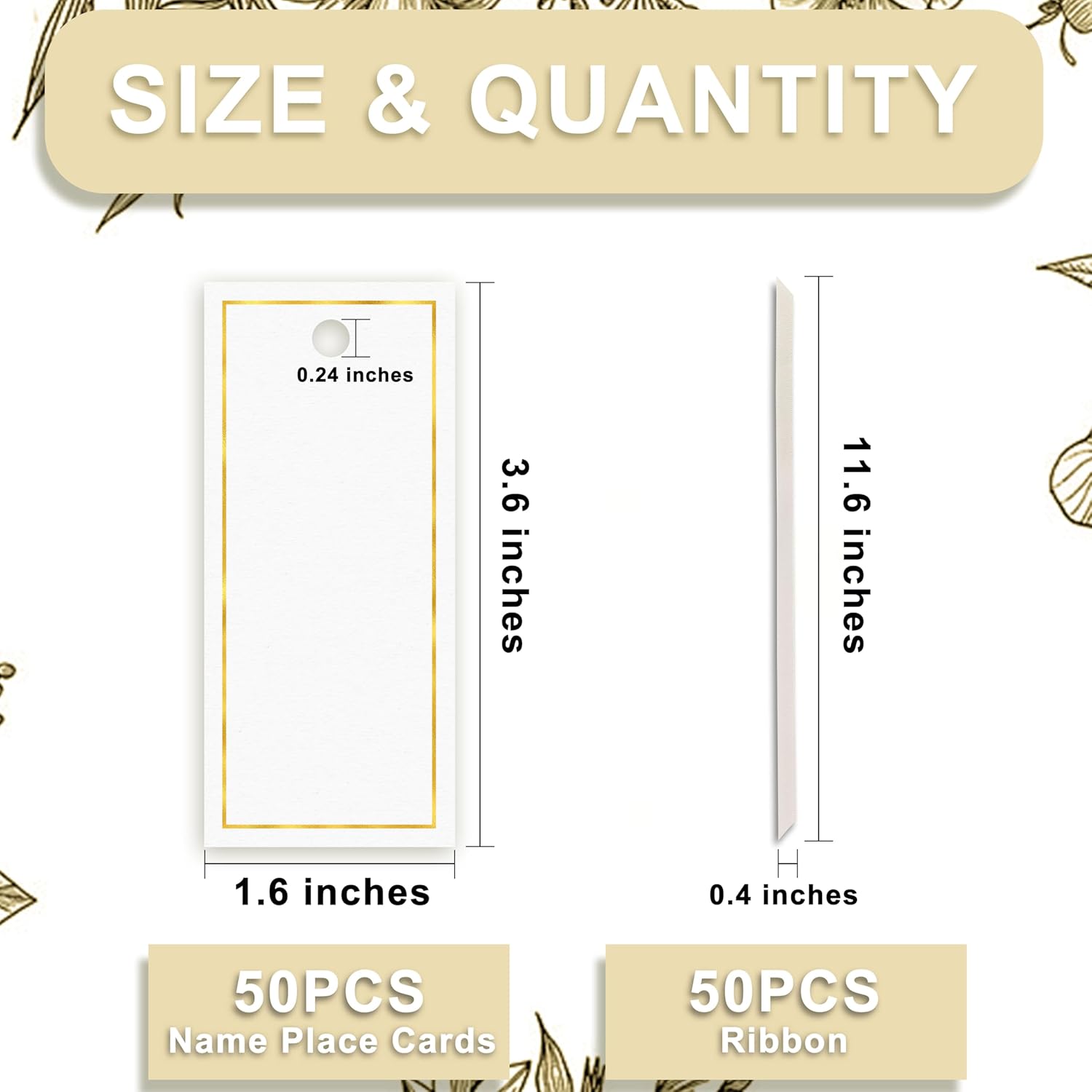 50 Pcs Gold Foil Name Place Cards with Ribbon for Events