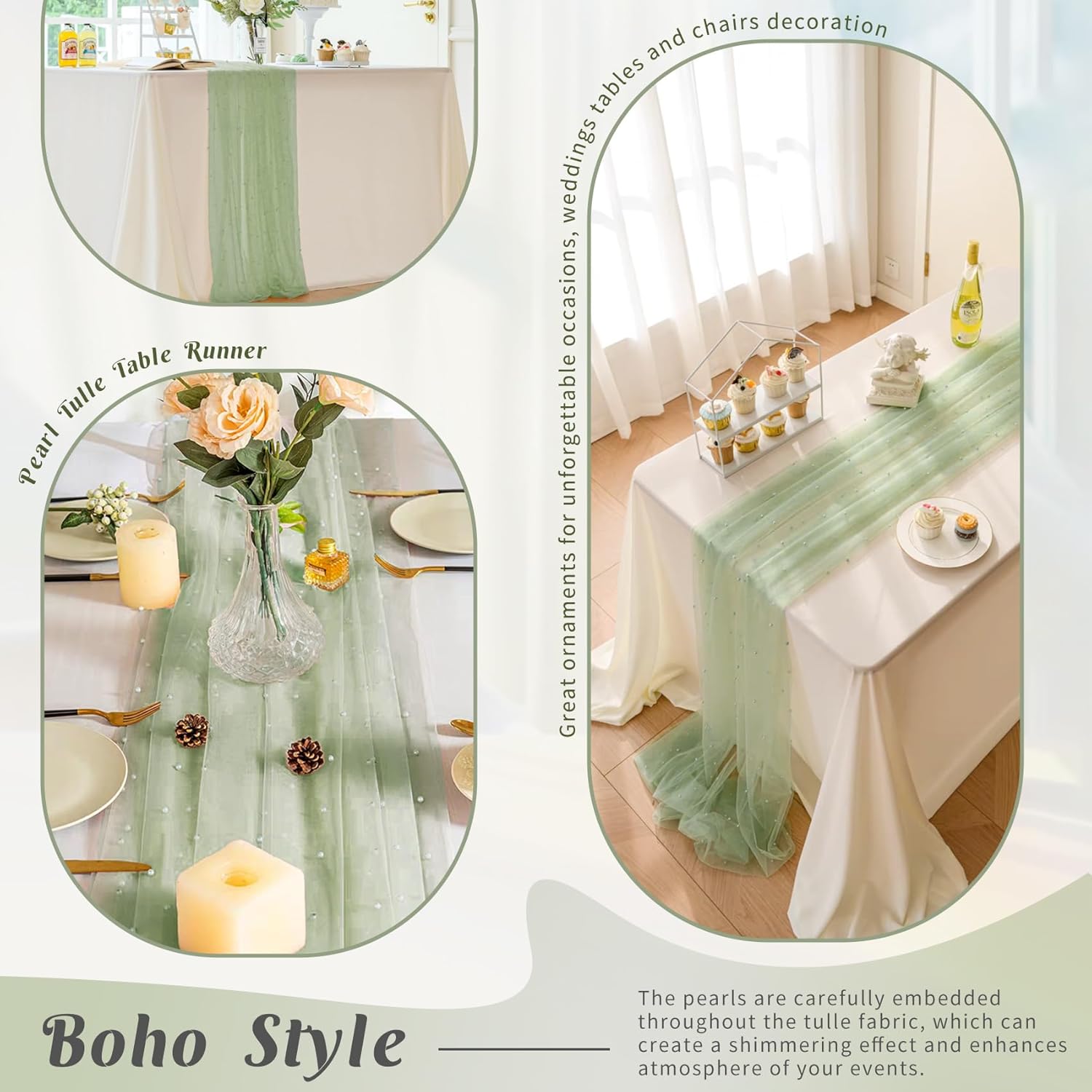 6 Piece Pearl Tulle Table Runner Set Sage Green