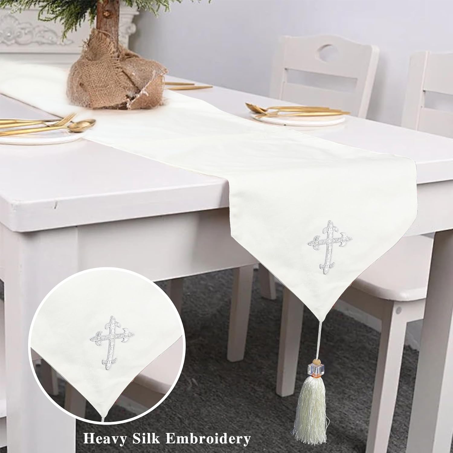 Ohmique White Communion Table Runner with Cross Embroidery