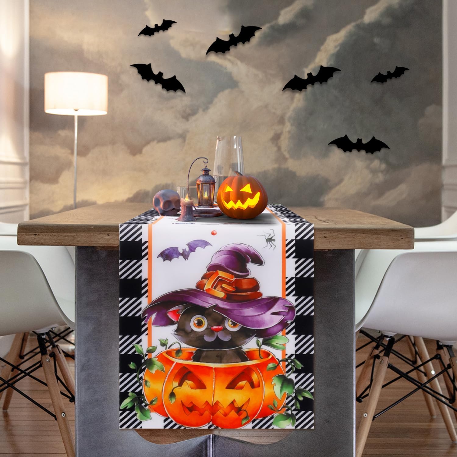 Pumpkin Witch Cat Halloween Table Runner 72x1386 Inch
