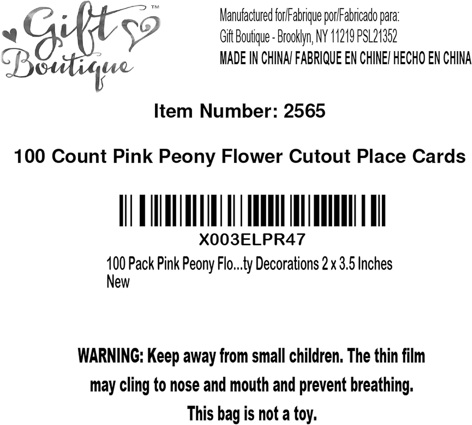 Gift Boutique 100 Pink Peony Flower Place Cards