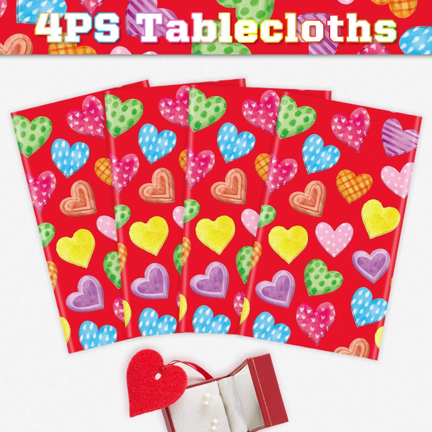 4 Pack Red Heart Tablecloths for Wedding Day 51x86in