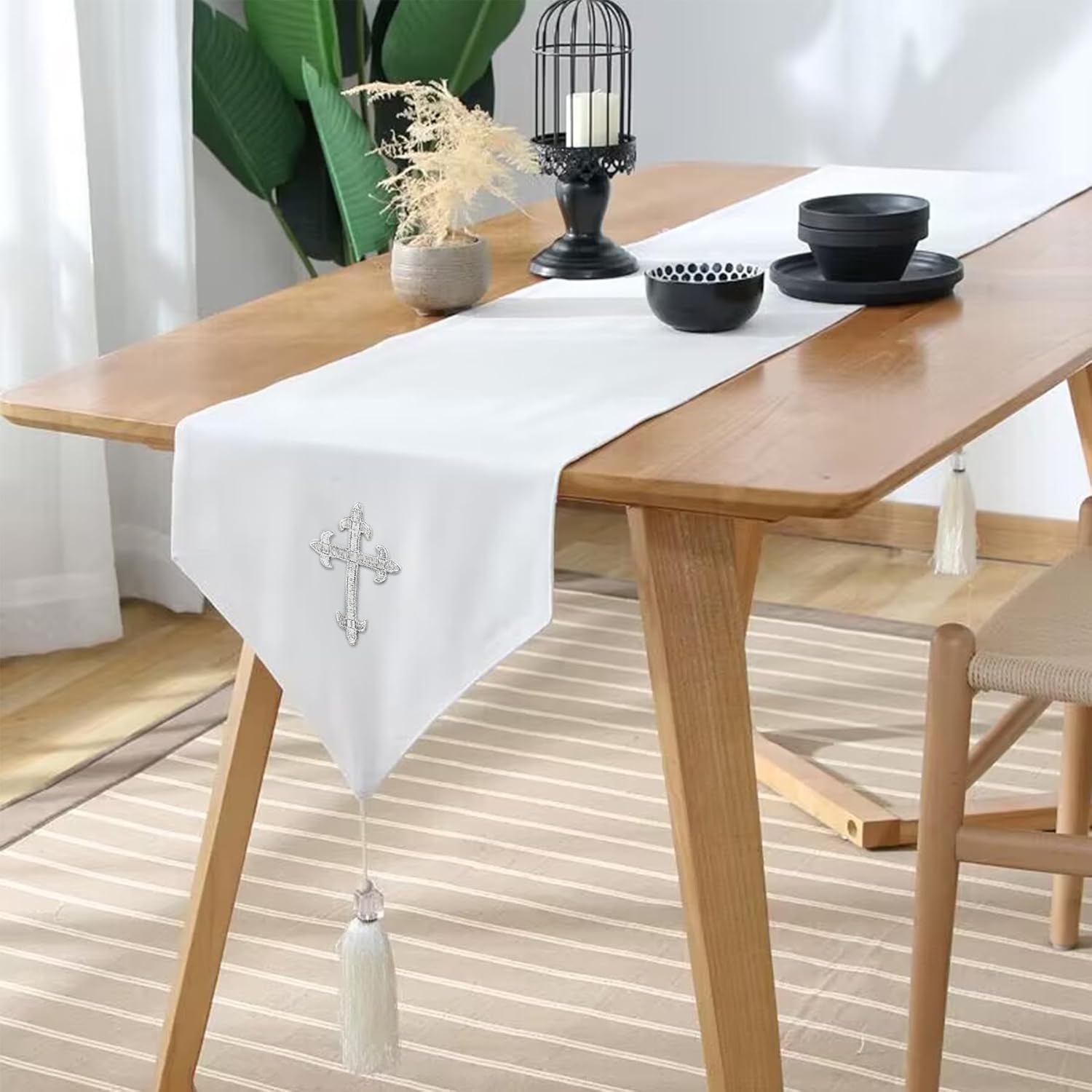 Ohmique White Communion Table Runner with Cross Embroidery