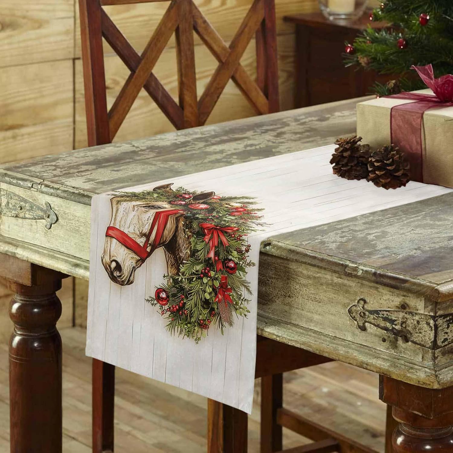 Merry Christmas Horse Garland Linen Table Runner