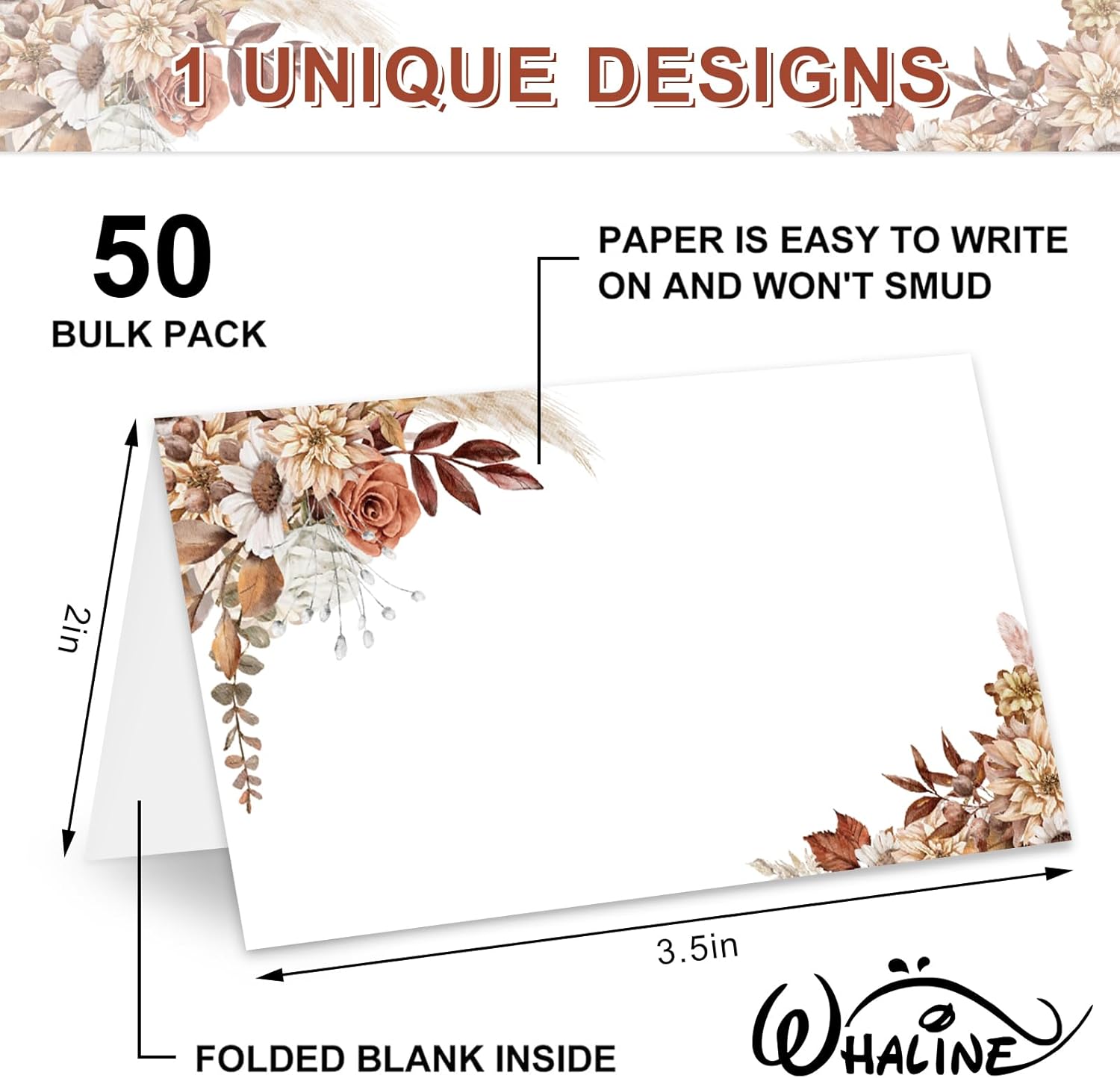 Whaline 50Pcs Floral Tented Place Cards for Weddings and Events