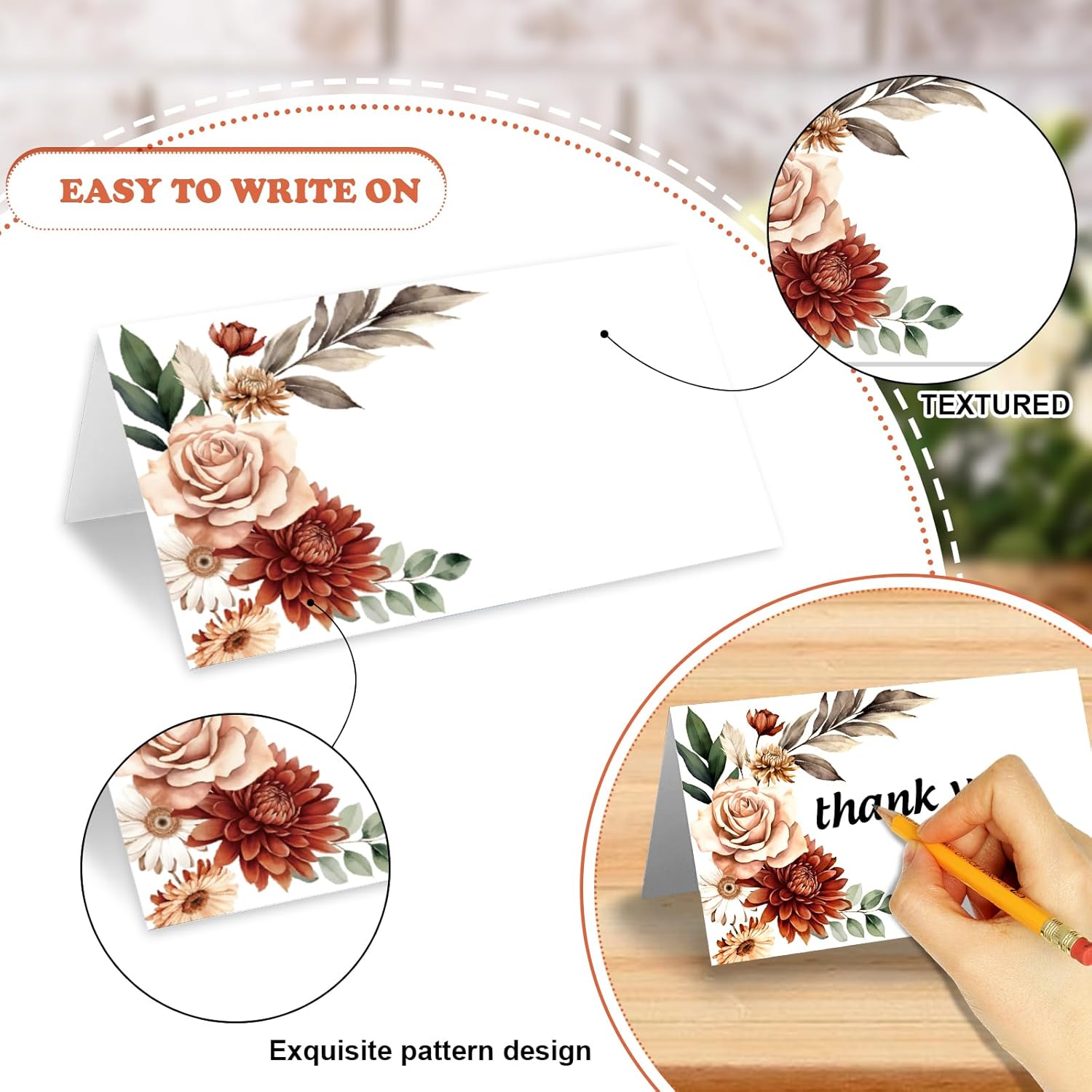 Whaline 100Pcs Fall Place Cards Retro Boho Floral Tented Name Cards