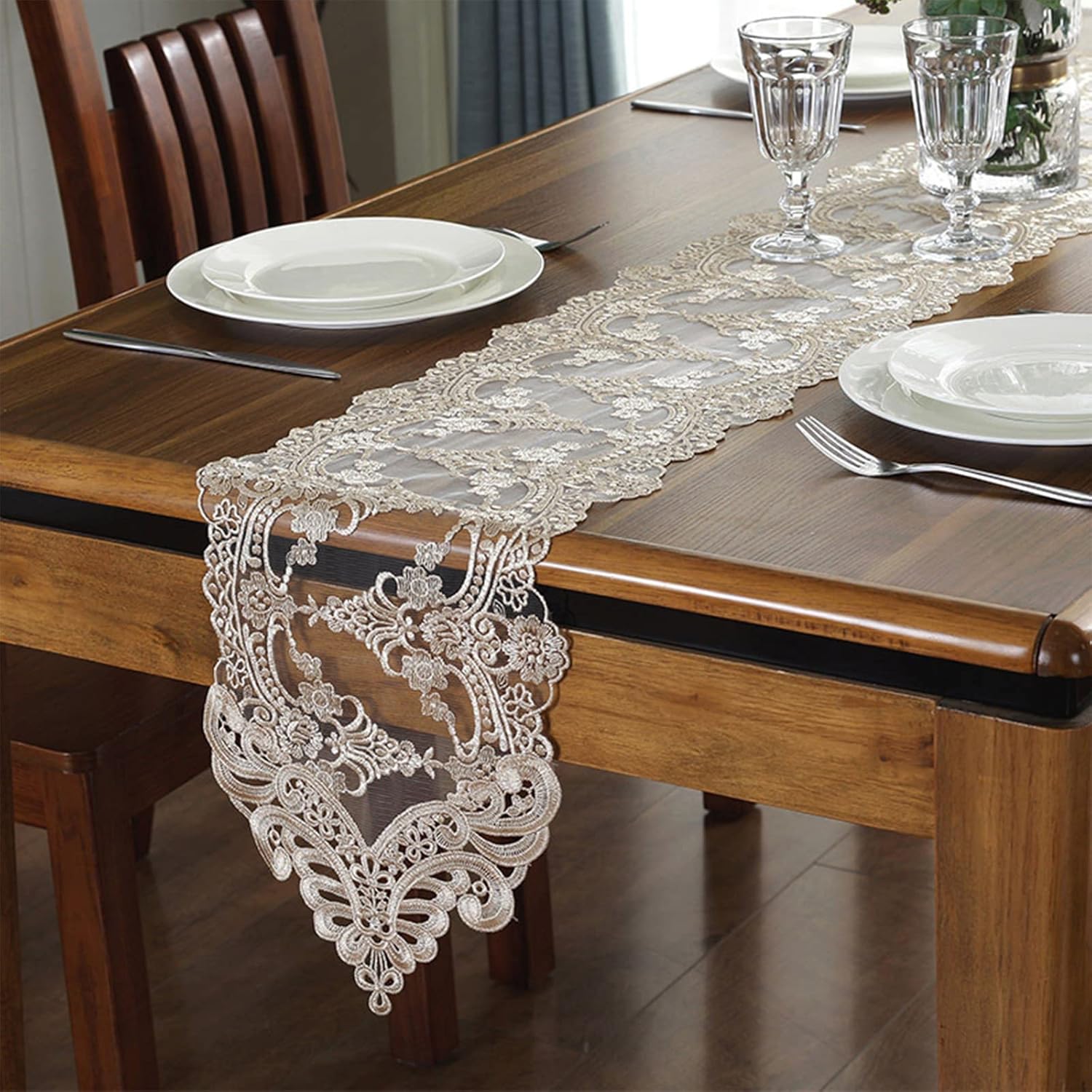 Lace Table Runner with Macrame Floral Border