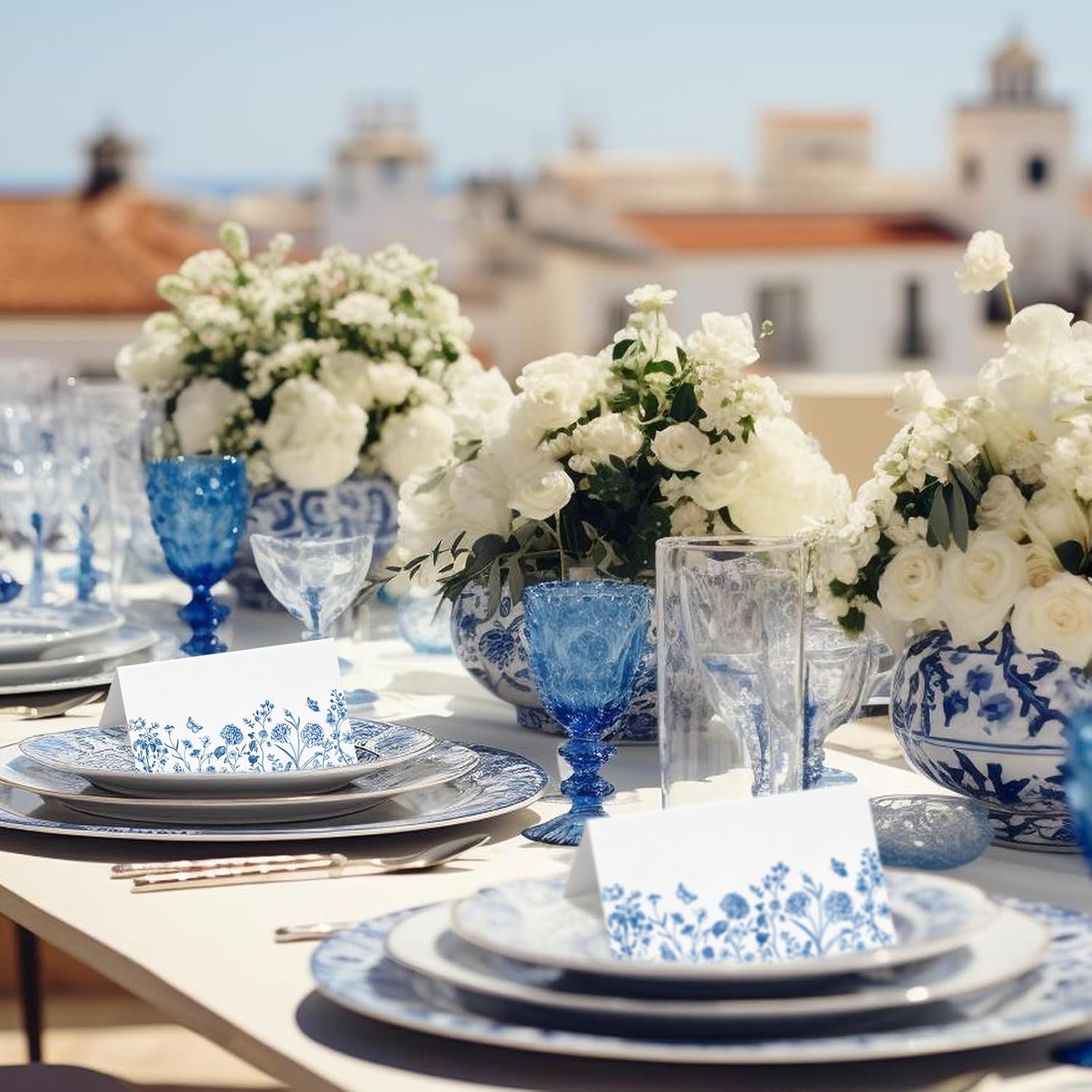 Whaline 100 Pcs Blue Floral Place Cards