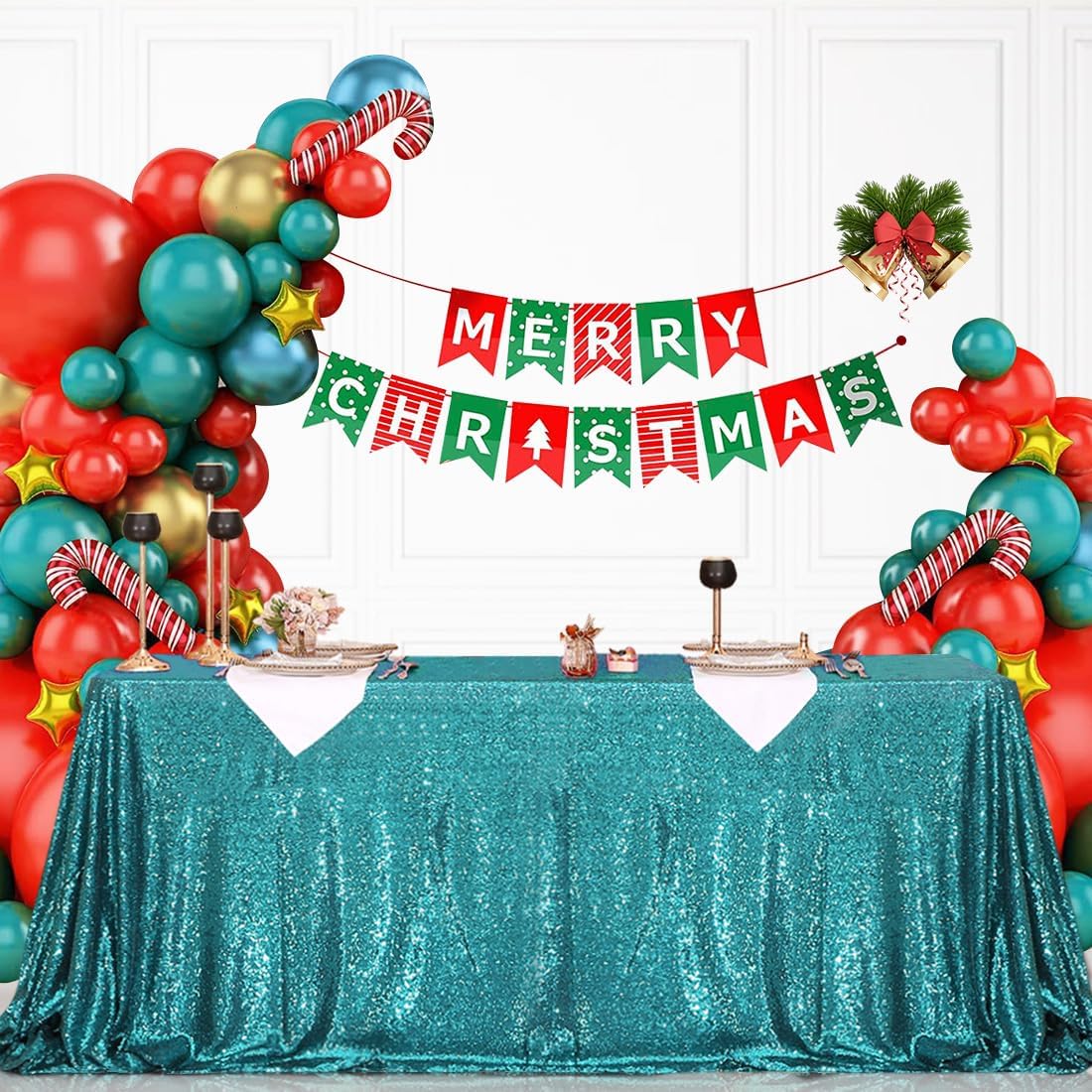 Eternal Beauty Teal Sequin Tablecloth 72x108 inch Sparkly Overlay