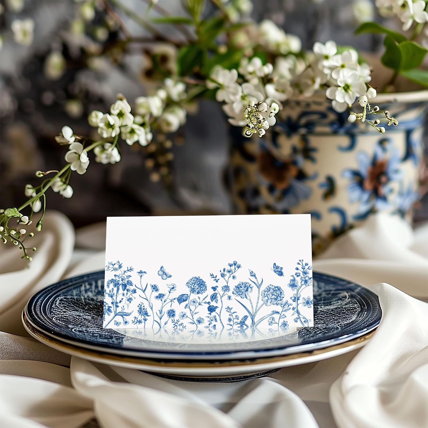 Whaline 100 Pcs Blue Floral Place Cards