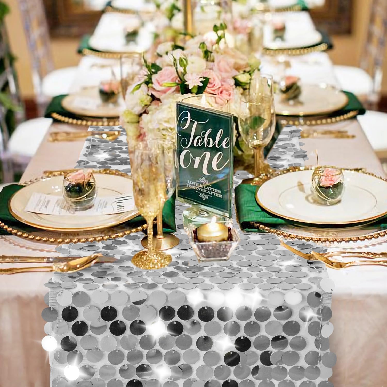 Pufogu 12 x 108 Inch Silver Glitter Table Runner
