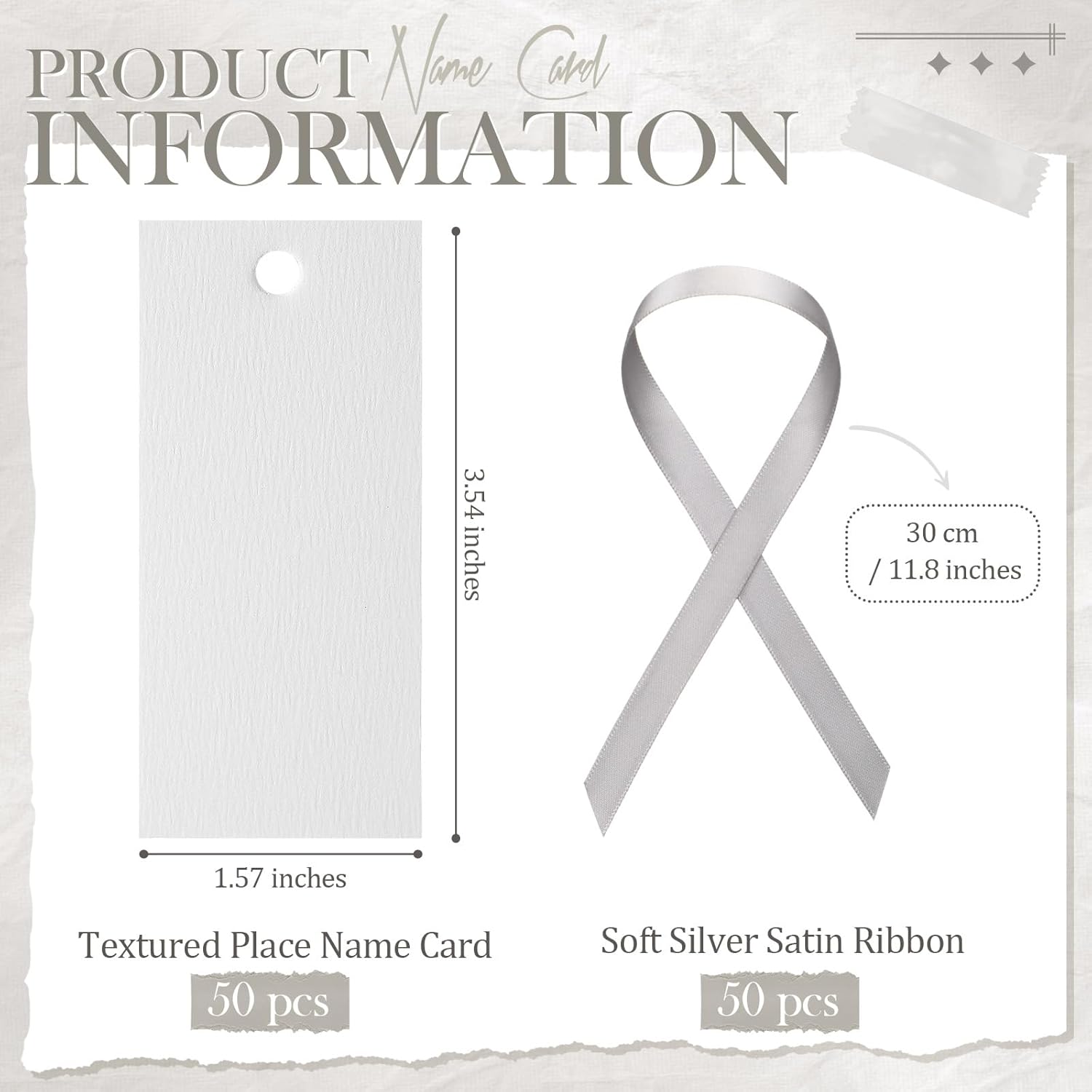 50 Pcs Silver Place Cards with Sateen Ribbon