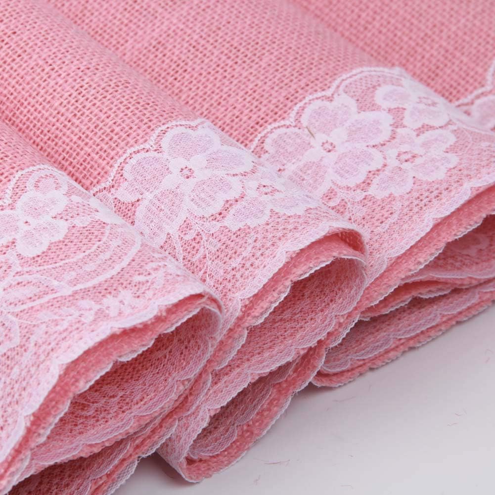 AAYU Pink Burlap Table Runner Placemat with Ivory Lace