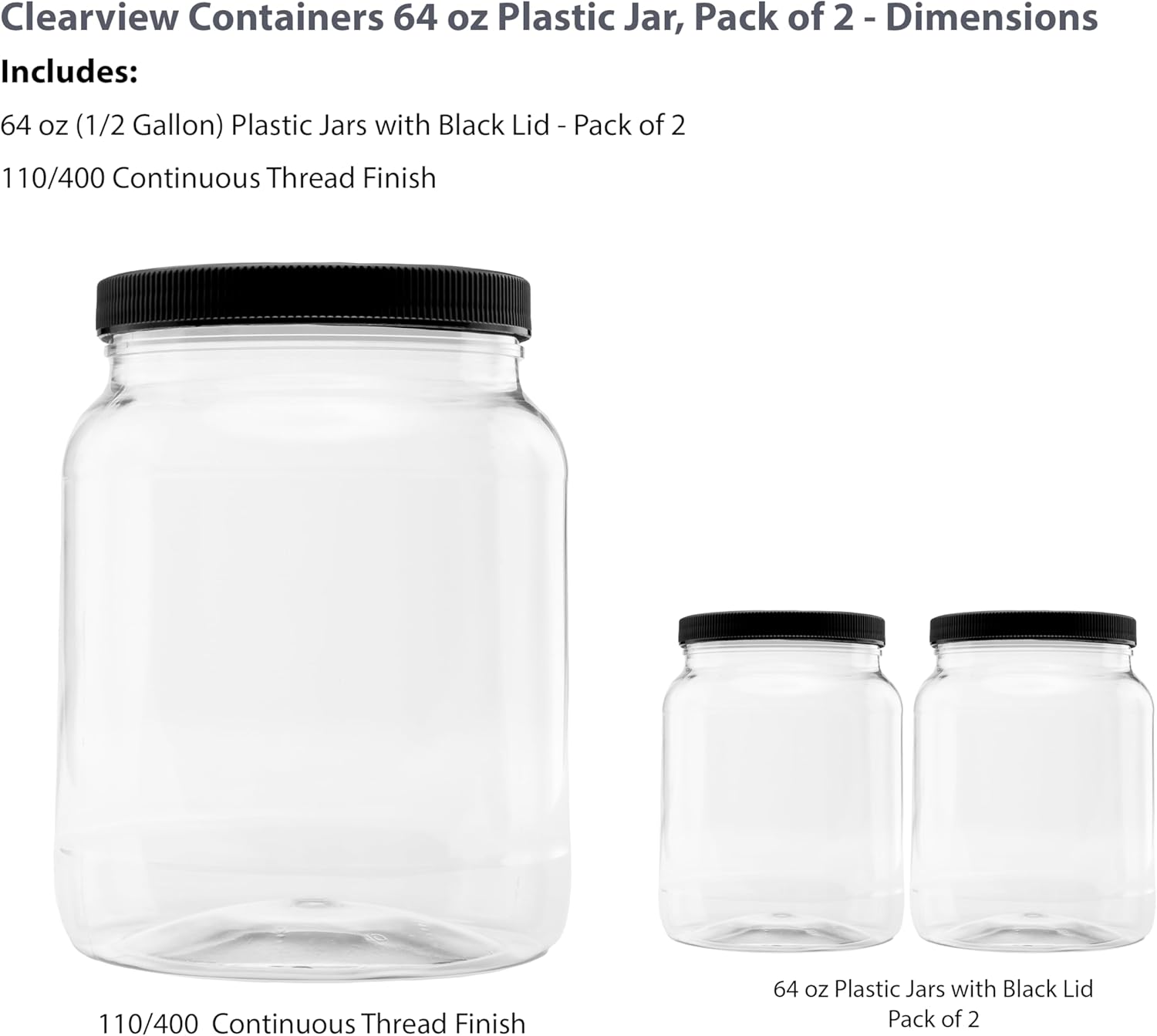 Plastic Storage Jars with Leak Proof Lids BPA Free 64oz 2PK Black