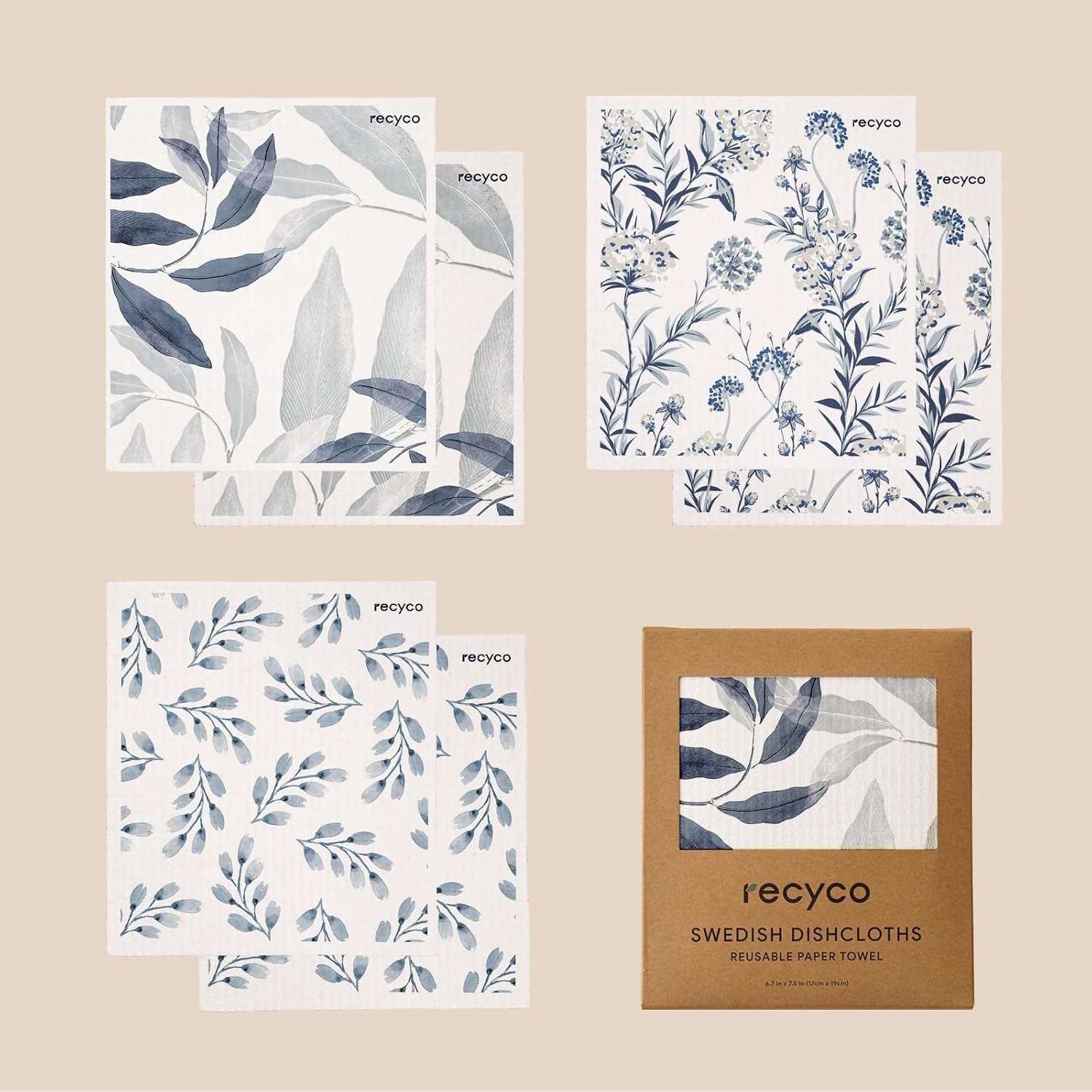 RECYCO 6 Pack Foggy Blue Swedish Dishcloths