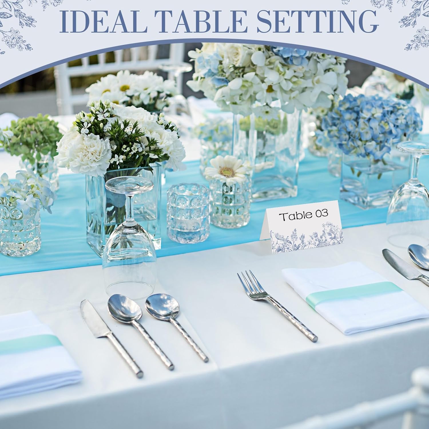 100 Pcs Blue Floral Tented Place Cards Wedding Party Supplies