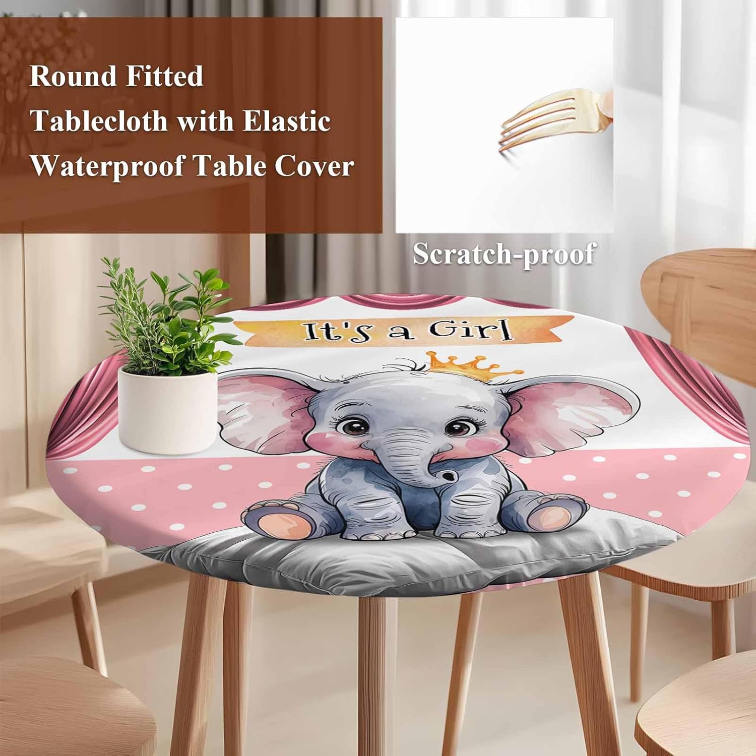 Pink Elephant Tablecloth with Elastic Cover for 36-44 Inch Tables