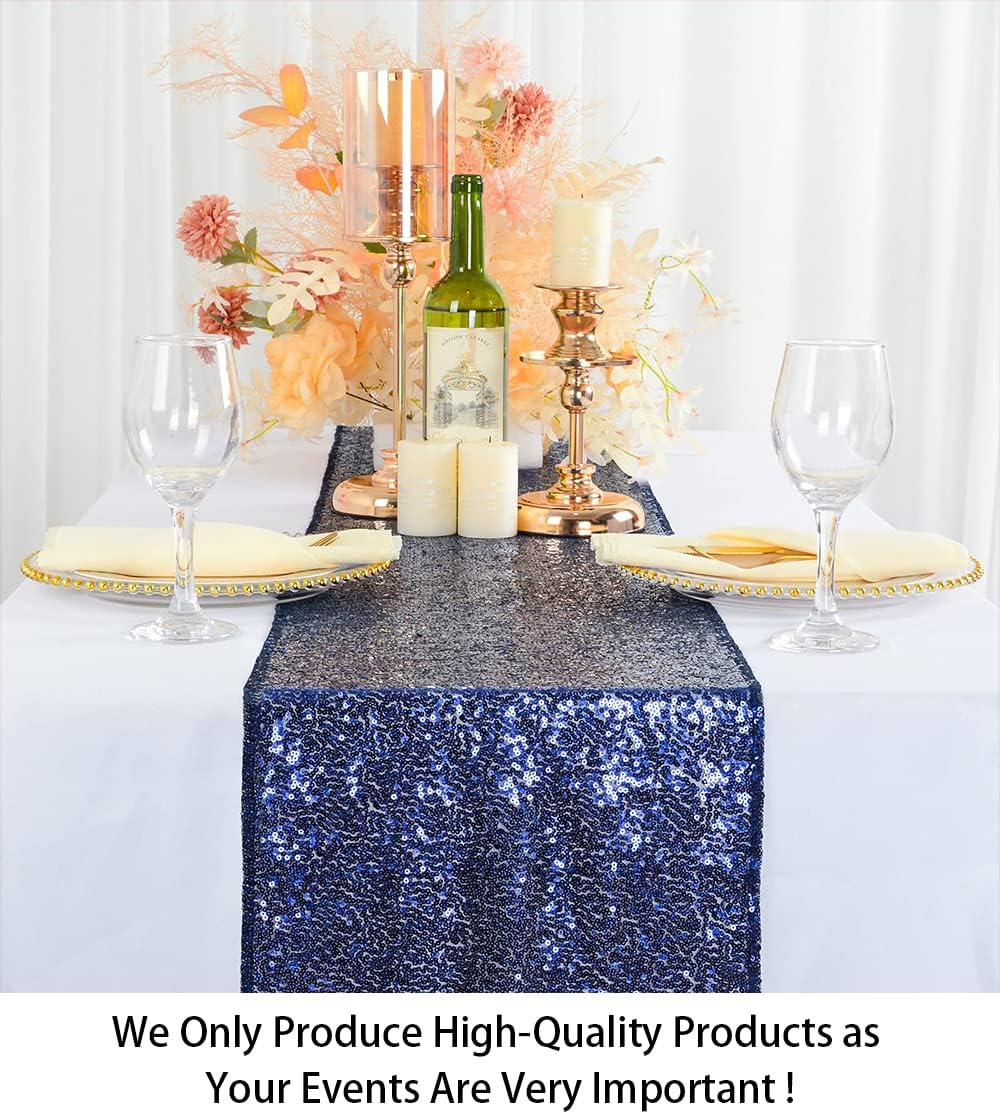 ShinyBeauty Sequin Table Runner 12x108 Inch Navy Blue Wedding Decor
